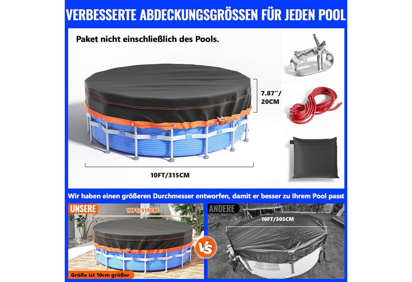 FELIXLEO Pool-Abdeckplane Poolabdeckung Rund 376 cm Wasserdicht Oxford mit Kordelzug Bild 5