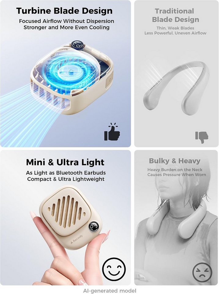 FELIXLEO Handventilator Tragbarer Nackenventilator LED Magnet Akku 10H Outdoor Geschenk Beige
