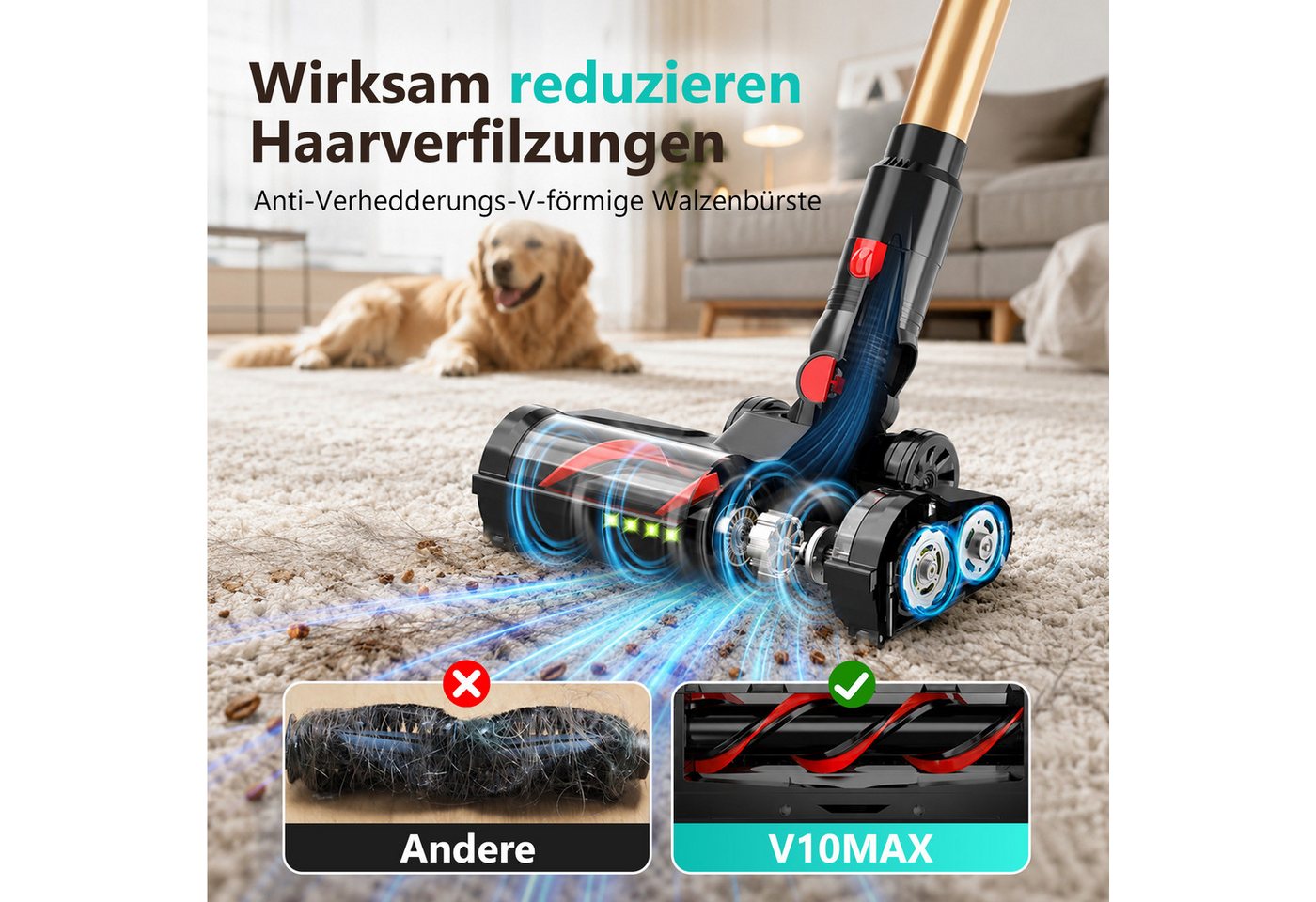 Rosnek Akku-Hand-und Stielstaubsauger Akku Staubsauger, Kabelloser Staubsauger für Tierhaare & Teppich, 650 W, beutellos, 50kPa Stark, 60Min, Anti-Tangle, inkl. Wandladestation Bild 4