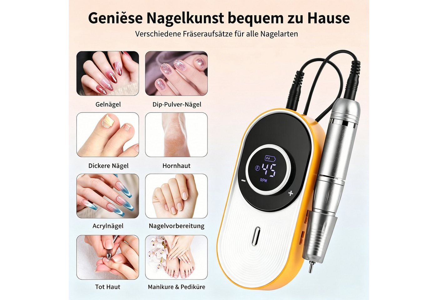 ibettertec Maniküre-Pediküre-Set Kabelloses tragbares Maniküreset,elektrische Maniküre mit Ladestation, 45000 U/min Nagelfräser,mit LCD Display, 6 Bits + Schleifhülsen, Links/Rechtslauf,USB-C Akku, Maniküre & Pediküre für Zuhause & Salon Bild 4