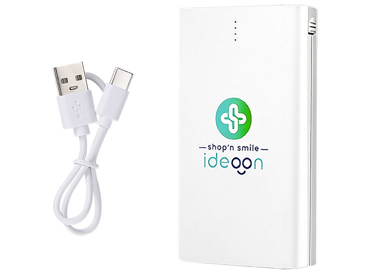 shop'n smile ideoon USB-C Mobiler Akku-Booster 4.000mAh Kabel & Lightning Adapter slim Powerbank 4000 mAh, 4000 mAh, ultra-slim, USB-C Ein-/Ausgang & integriertes Ladekabel