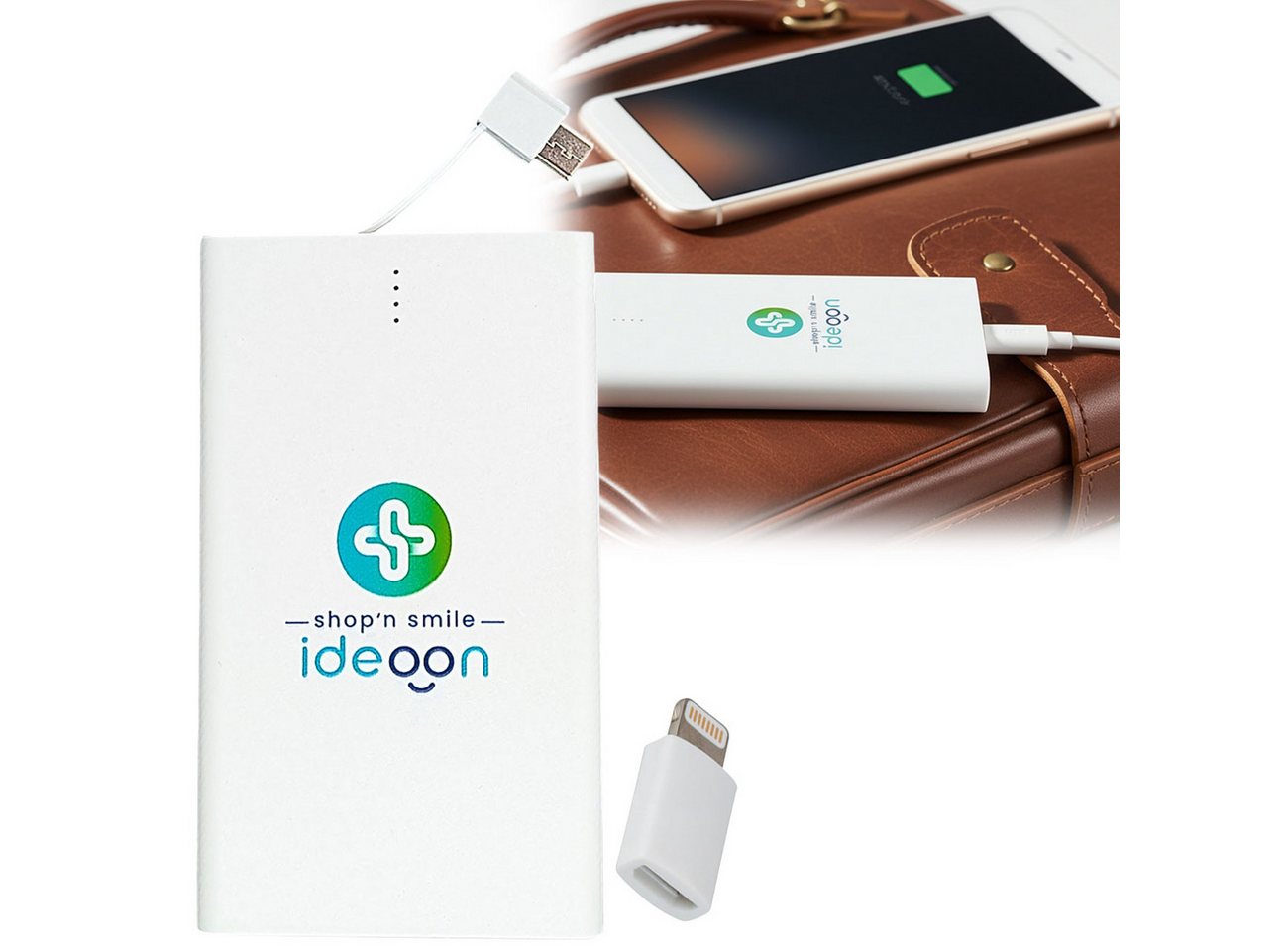 shop'n smile ideoon USB-C Mobiler Akku-Booster 4.000mAh Kabel & Lightning Adapter slim Powerbank 4000 mAh, 4000 mAh, ultra-slim, USB-C Ein-/Ausgang & integriertes Ladekabel Bild 3