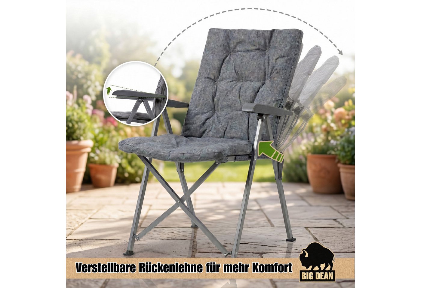 BigDean Faltstuhl 2 Stück Campingstuhl 4X-Rückenverstellbar bis 150 KG dick gepolstert (Set, 2 St), Robust, Kreuzverstrebt, Rutschfest, Strapazierfähig, Pflegeleicht