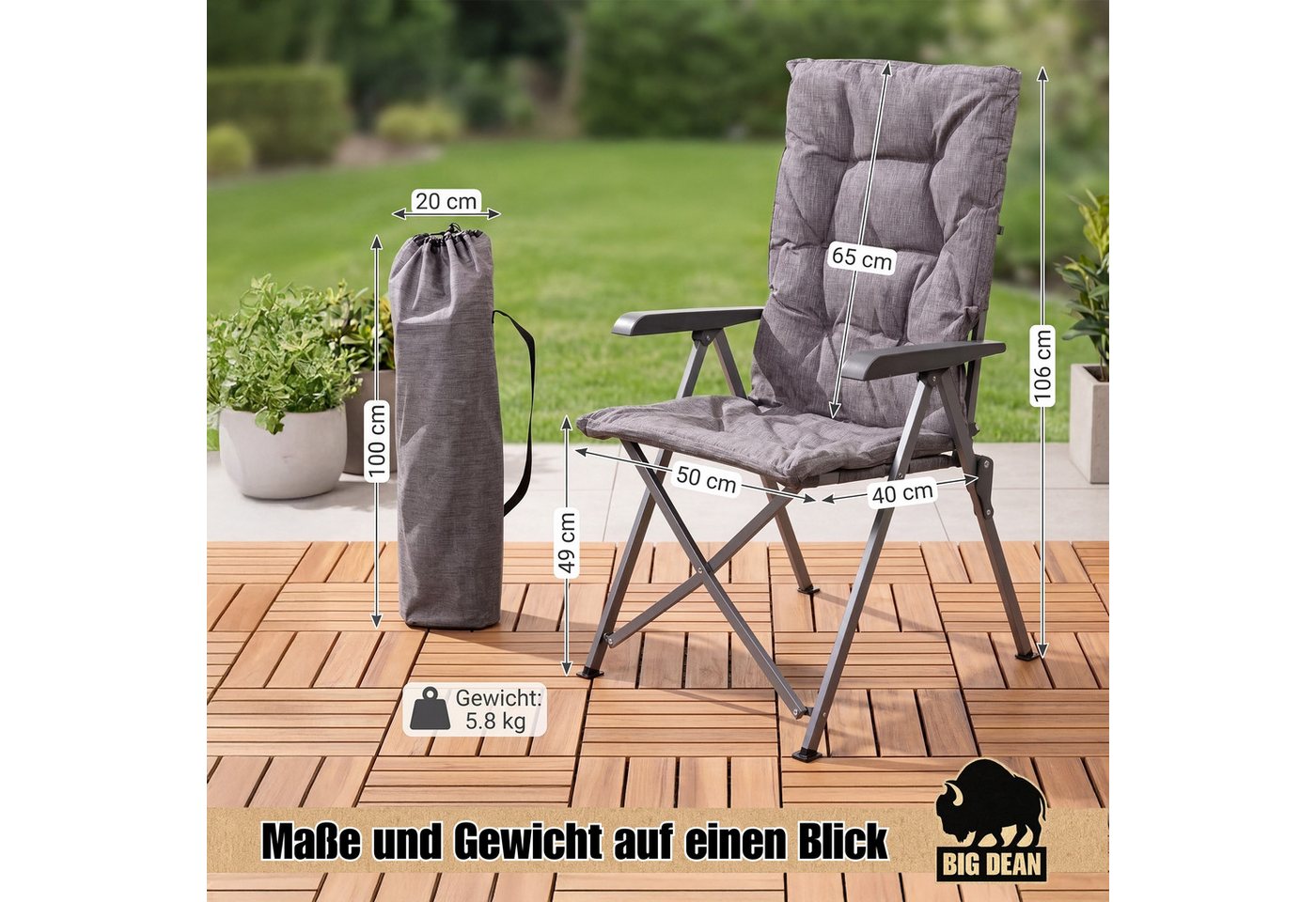 BigDean Faltstuhl 2 Stück Campingstuhl 4X-Rückenverstellbar bis 150 KG dick gepolstert (Set, 2 St), Robust, Kreuzverstrebt, Rutschfest, Strapazierfähig, Pflegeleicht Bild 2