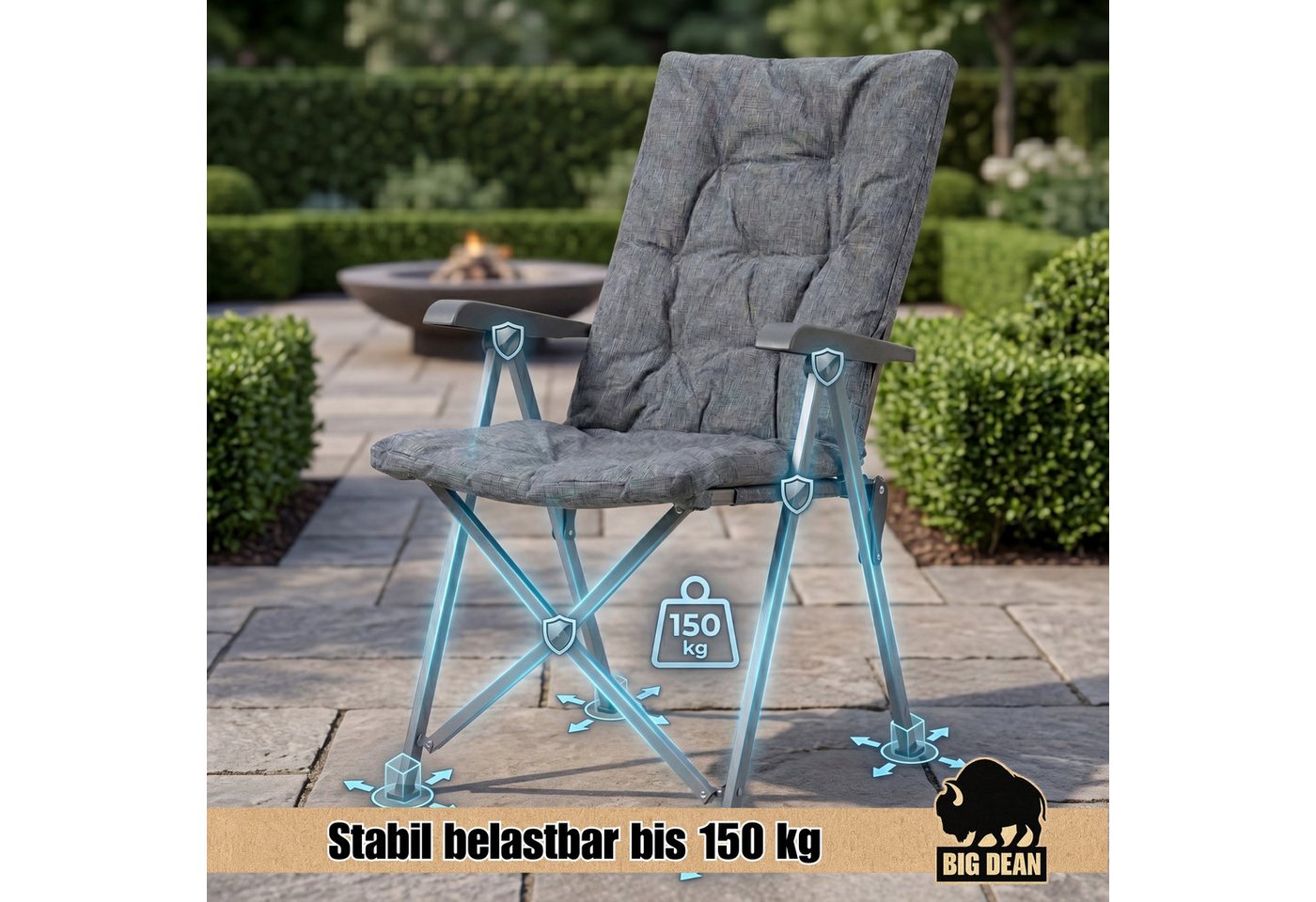 BigDean Faltstuhl 2 Stück Campingstuhl 4X-Rückenverstellbar bis 150 KG dick gepolstert (Set, 2 St), Robust, Kreuzverstrebt, Rutschfest, Strapazierfähig, Pflegeleicht Bild 3
