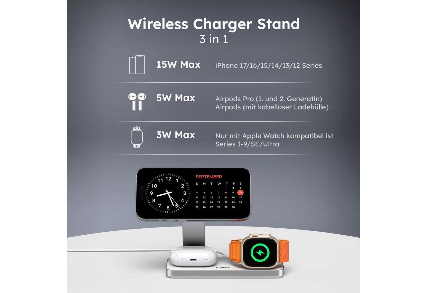 alkaya. Ladestation Apple Watch iPhone 3in1 MagSafe Ladegerät Ladestation (3000 mA)