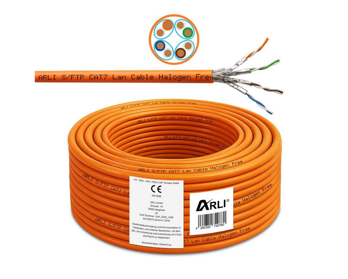 ARLI Installationskabel, RJ45, RJ-45 (Ethernet) (10000 cm), Verlegekabel Cat7 100m Kabel + 10x RJ45 Netzwerkstecker CAT8.1