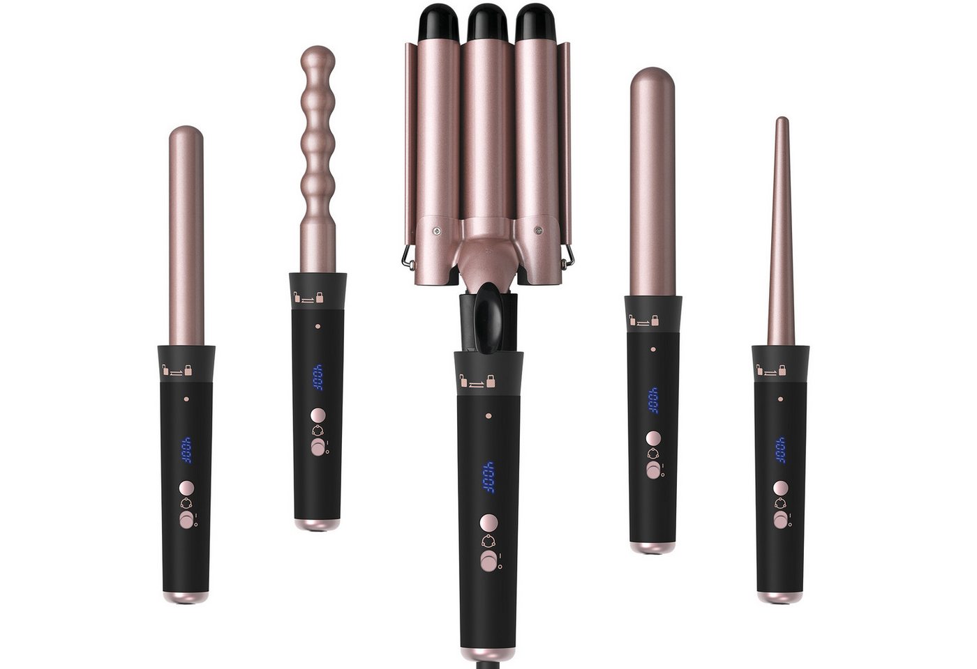 AIMAX Lockenstab 5-in-1 Lockenstab Set – Welleneisen mit 3 Fässern, Turmalin-Keramik, mit Wechselkopf