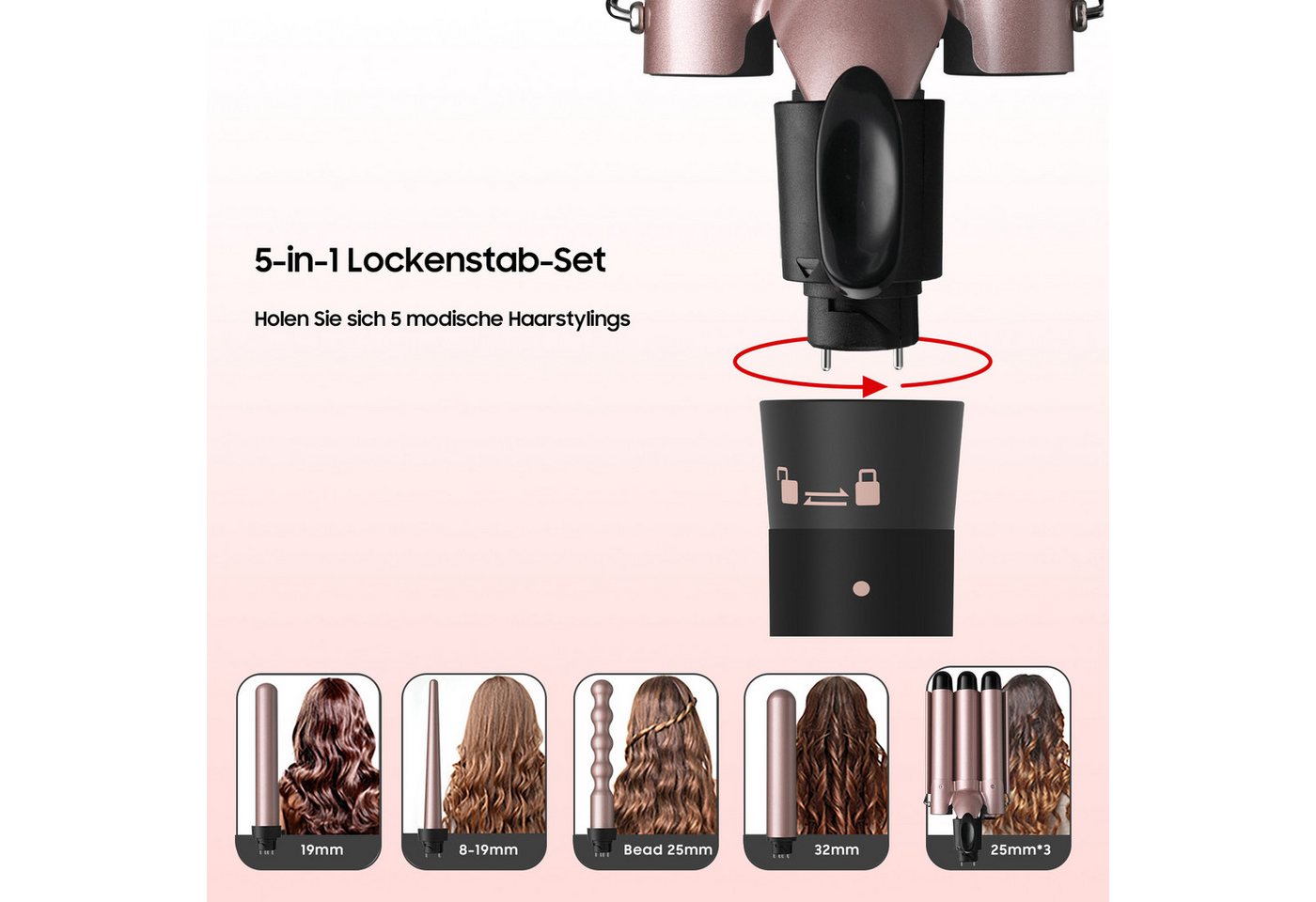 AIMAX Lockenstab 5-in-1 Lockenstab Set – Welleneisen mit 3 Fässern, Turmalin-Keramik, mit Wechselkopf Bild 3