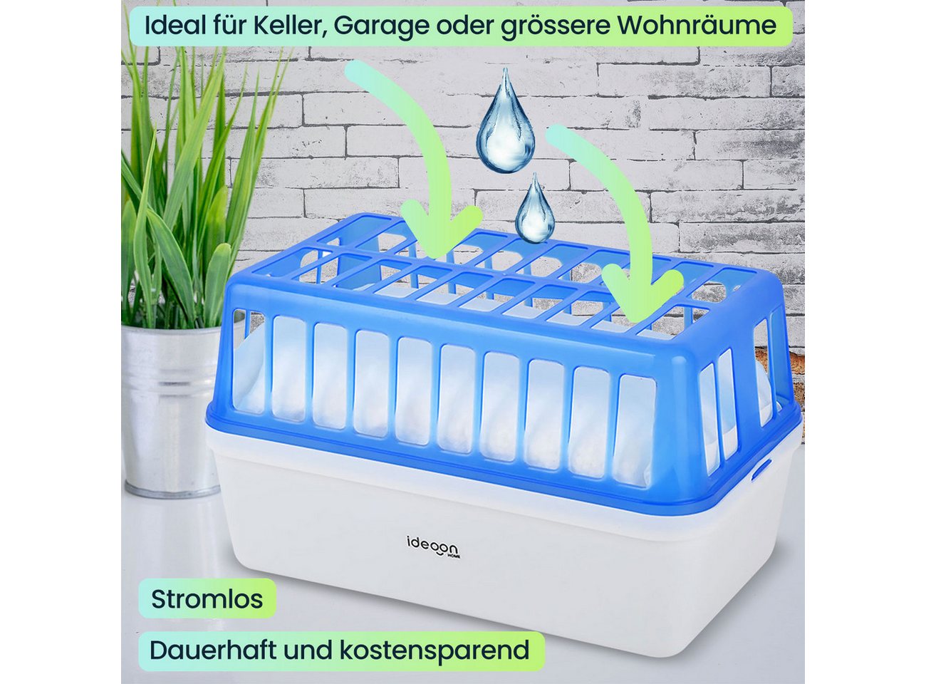 shop'n smile ideoon Granulat-Luftentfeuchter Raumentfeuchter stromlos bis 50 m², 1,2 kg Granulat, 2,5 l Behälter, Entfeuchtet bis 50 m², wirksam bis zu 3 Monate, wiederbefüllbar