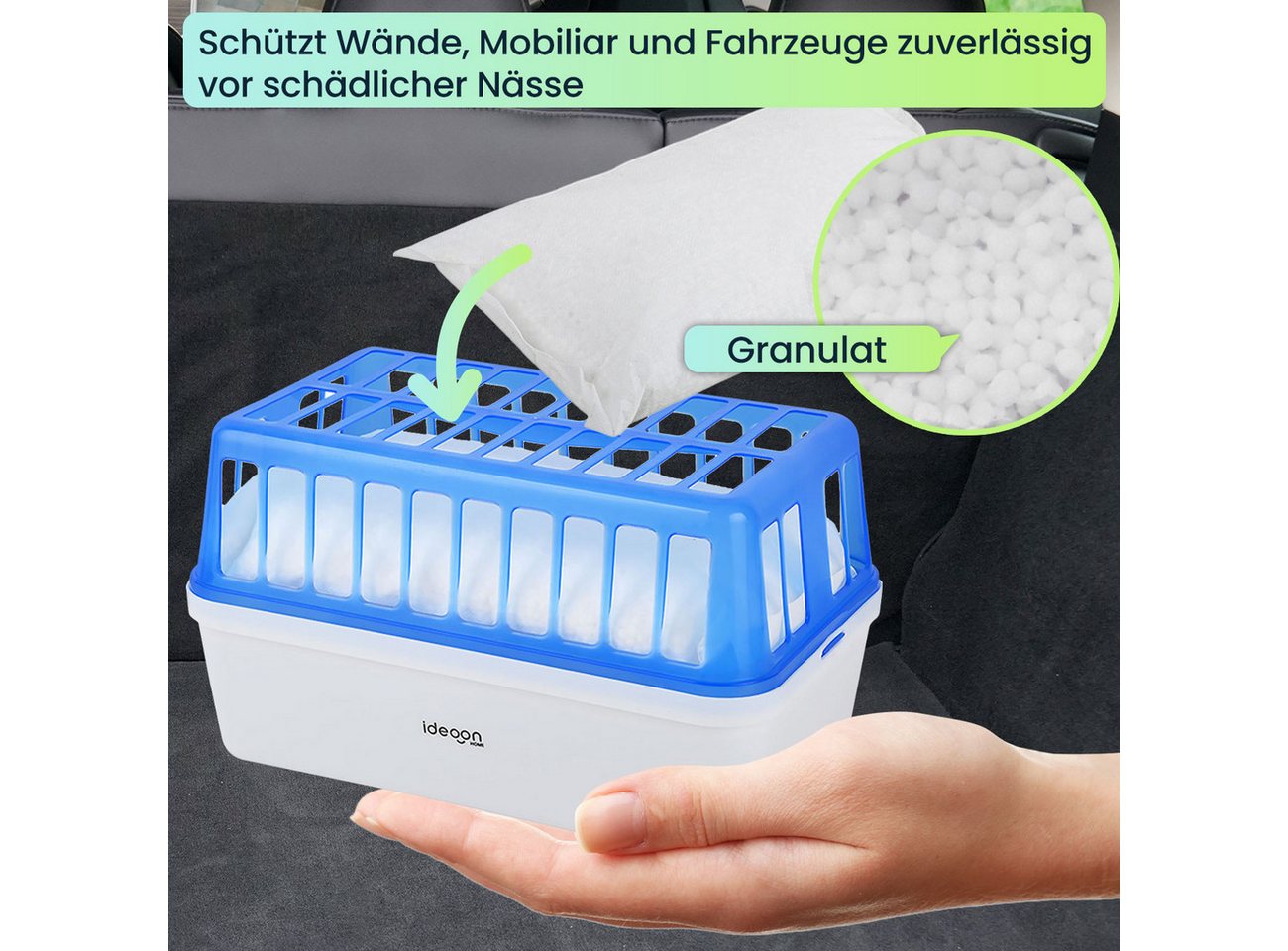 shop'n smile ideoon Granulat-Luftentfeuchter Raumentfeuchter stromlos bis 50 m², 1,2 kg Granulat, 2,5 l Behälter, Entfeuchtet bis 50 m², wirksam bis zu 3 Monate, wiederbefüllbar Bild 3