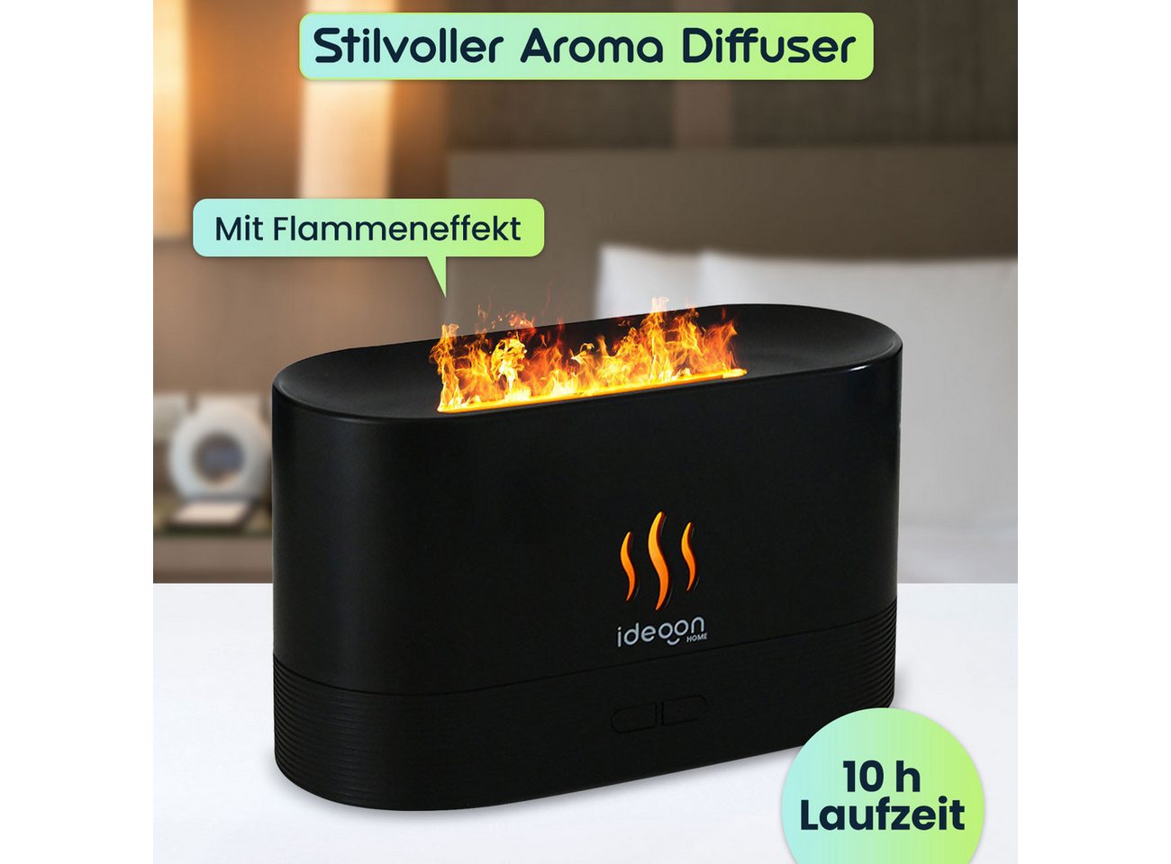 shop'n smile ideoon Diffuser Aroma Diffuser mit Flammeneffekt Ultraschall 10h Duftbefeuchter USB-C, 2 Helligkeitsstufen, Auto-Stop bei Leerstand, Tankkapazität 180 ml Bild 2