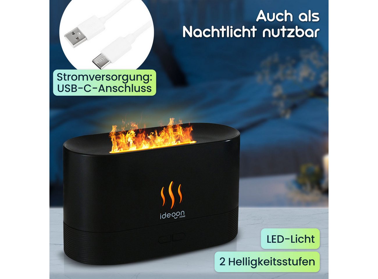 shop'n smile ideoon Diffuser Aroma Diffuser mit Flammeneffekt Ultraschall 10h Duftbefeuchter USB-C, 2 Helligkeitsstufen, Auto-Stop bei Leerstand, Tankkapazität 180 ml Bild 3