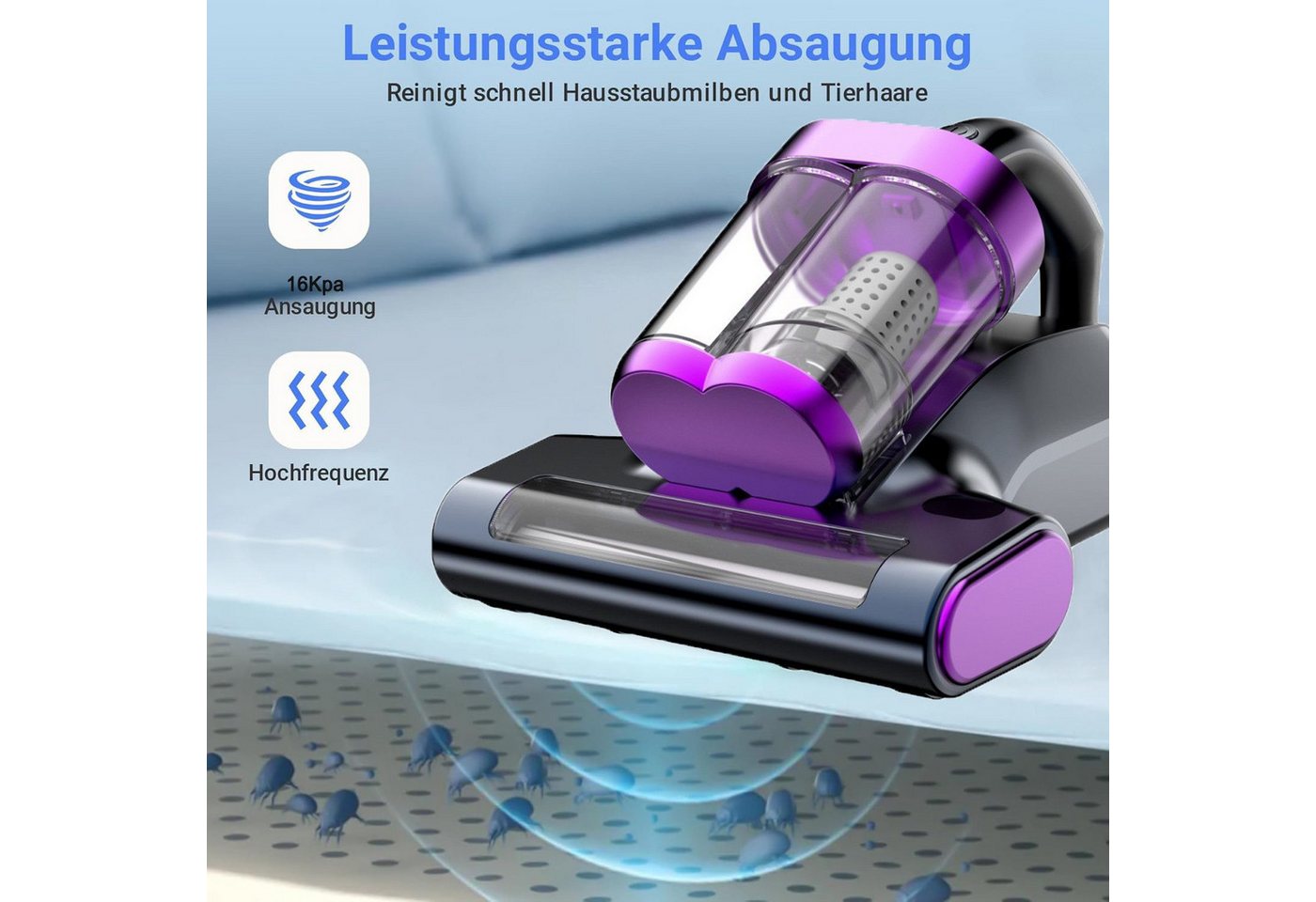 wohnTRAUM24 Matratzenreinigungsgerät Milbensauger für Matratzen, Milbenstaubsauger mit UV-C Licht, 16Kpa Starke Absaugung Matratzenreiniger mit Heißer Wind Bild 2