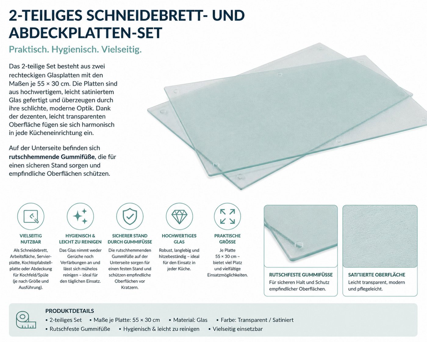 Ebaxx Herd-Abdeckplatte 2er Set Sicherheitsglas Milchglas Optik Klar, (2-er Set), rutschfesten Gummifüßen Bild 3