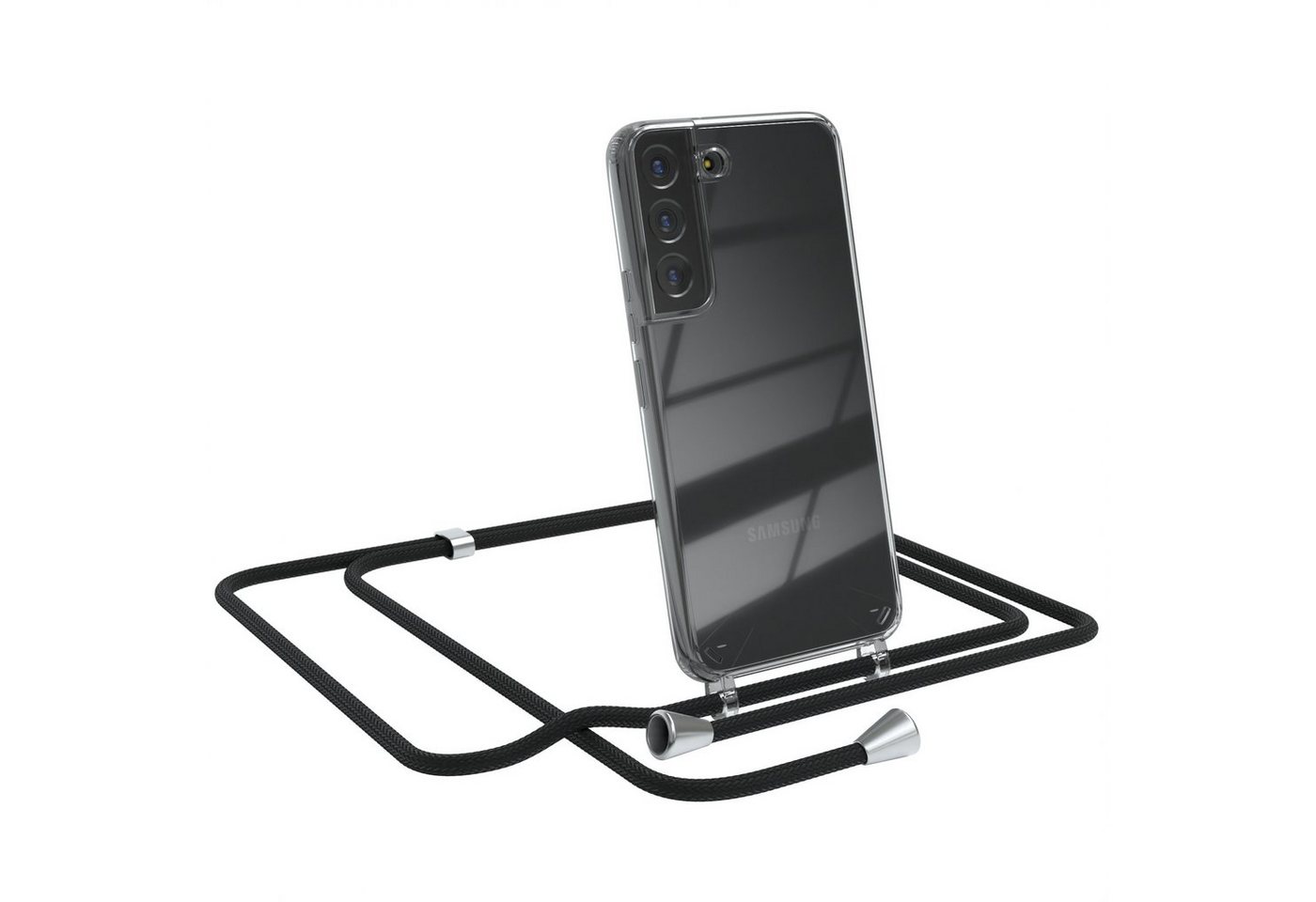 EAZY CASE Handykette Hülle mit Kette für Samsung Galaxy S22 5G 6,1 Zoll, Handykette Hülle mit Band Slimcover Schutzhülle Schwarz Clips Silber