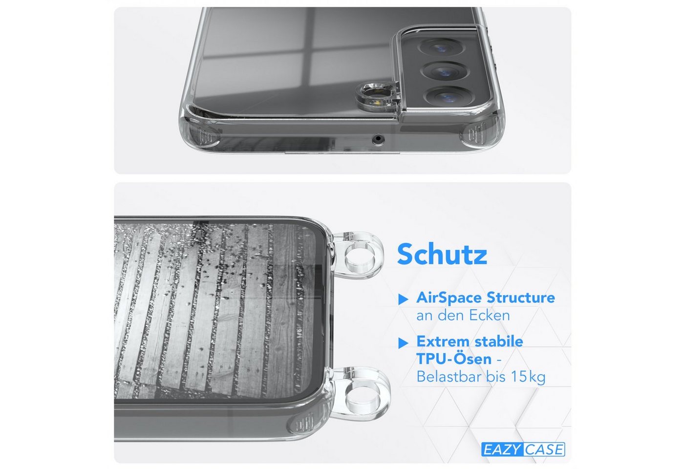 EAZY CASE Handykette Hülle mit Kette für Samsung Galaxy S22 5G 6,1 Zoll, Handykette Hülle mit Band Slimcover Schutzhülle Schwarz Clips Silber Bild 5