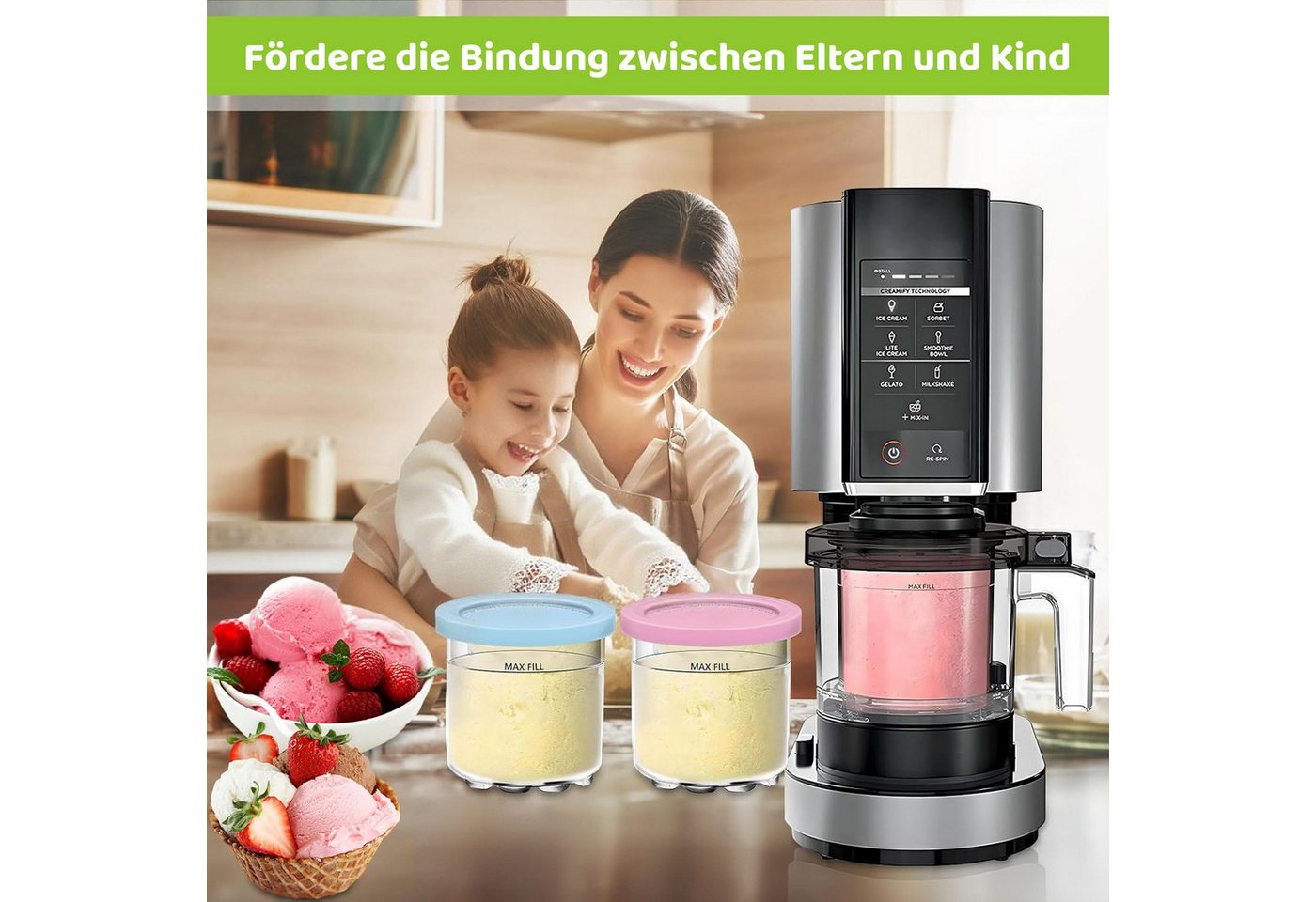 MOPUEA Eisbereiteraufsatz Eisbehälter, 4 Stück auslaufsichere Eisbecher und Deckel, Auslaufsiche Eiscremebehälter Eisbereiteraufsatz 4 x Behälter