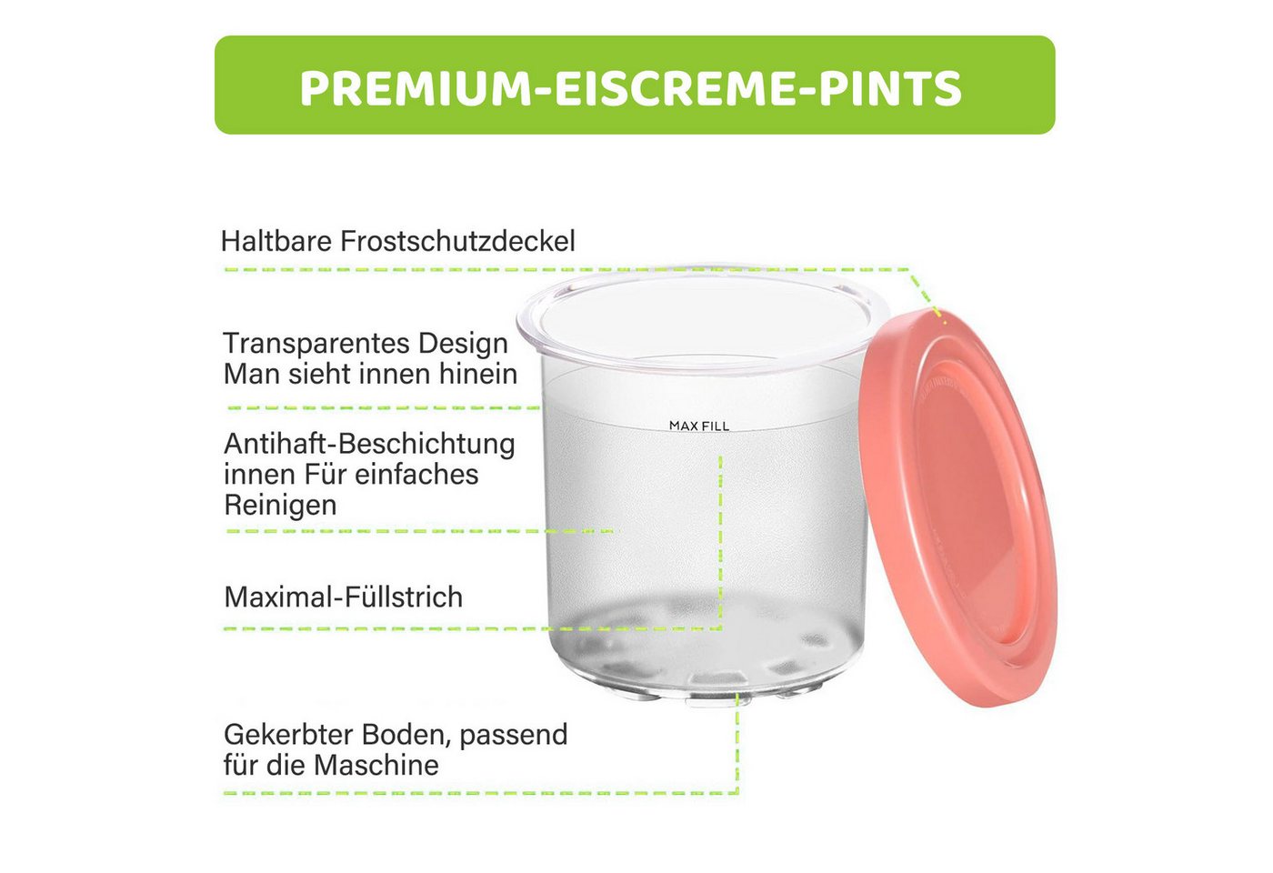MOPUEA Eisbereiteraufsatz Eisbehälter, 4 Stück auslaufsichere Eisbecher und Deckel, Auslaufsiche Eiscremebehälter Eisbereiteraufsatz 4 x Behälter Bild 2