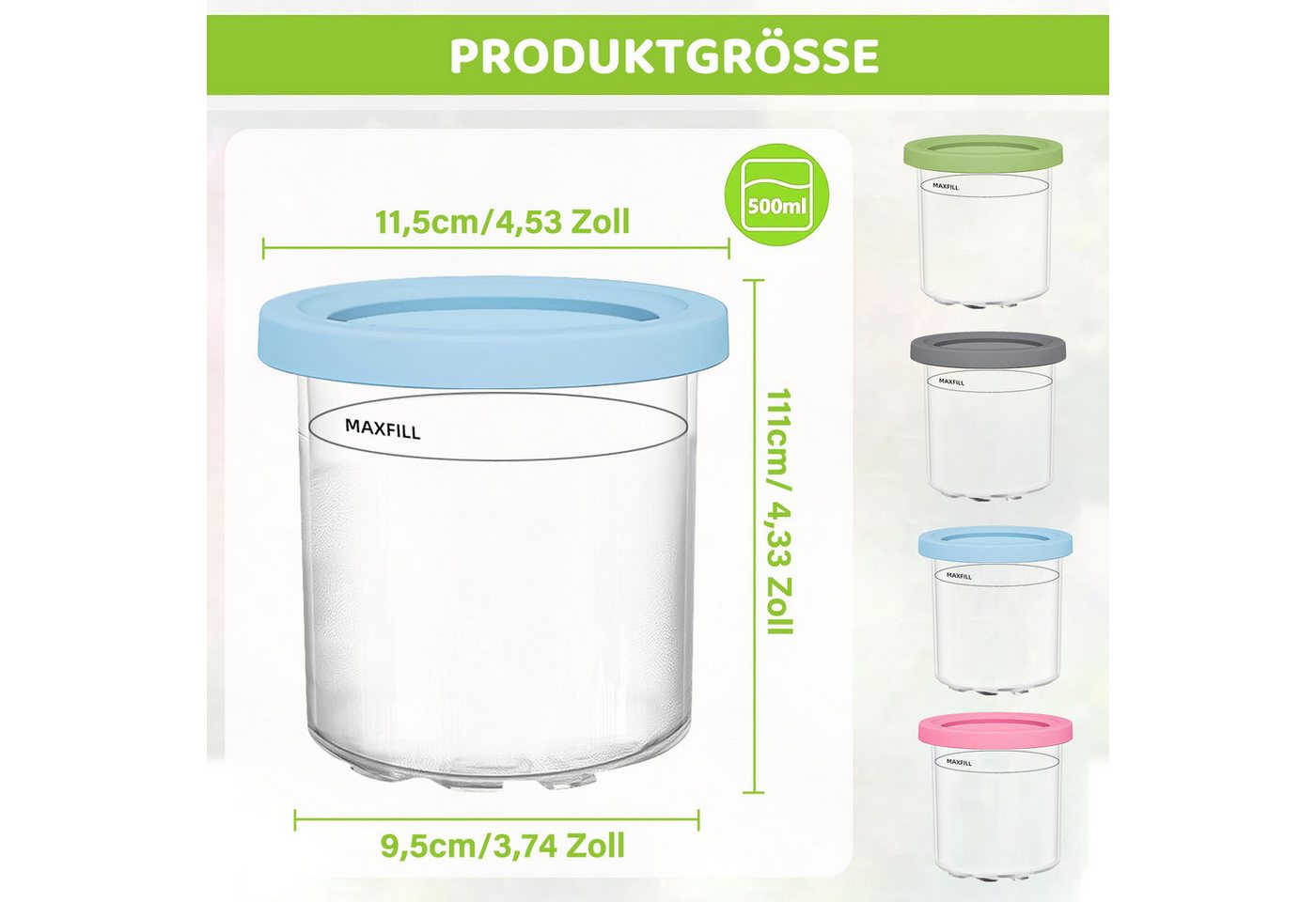 MOPUEA Eisbereiteraufsatz Eisbehälter, 4 Stück auslaufsichere Eisbecher und Deckel, Auslaufsiche Eiscremebehälter Eisbereiteraufsatz 4 x Behälter Bild 3
