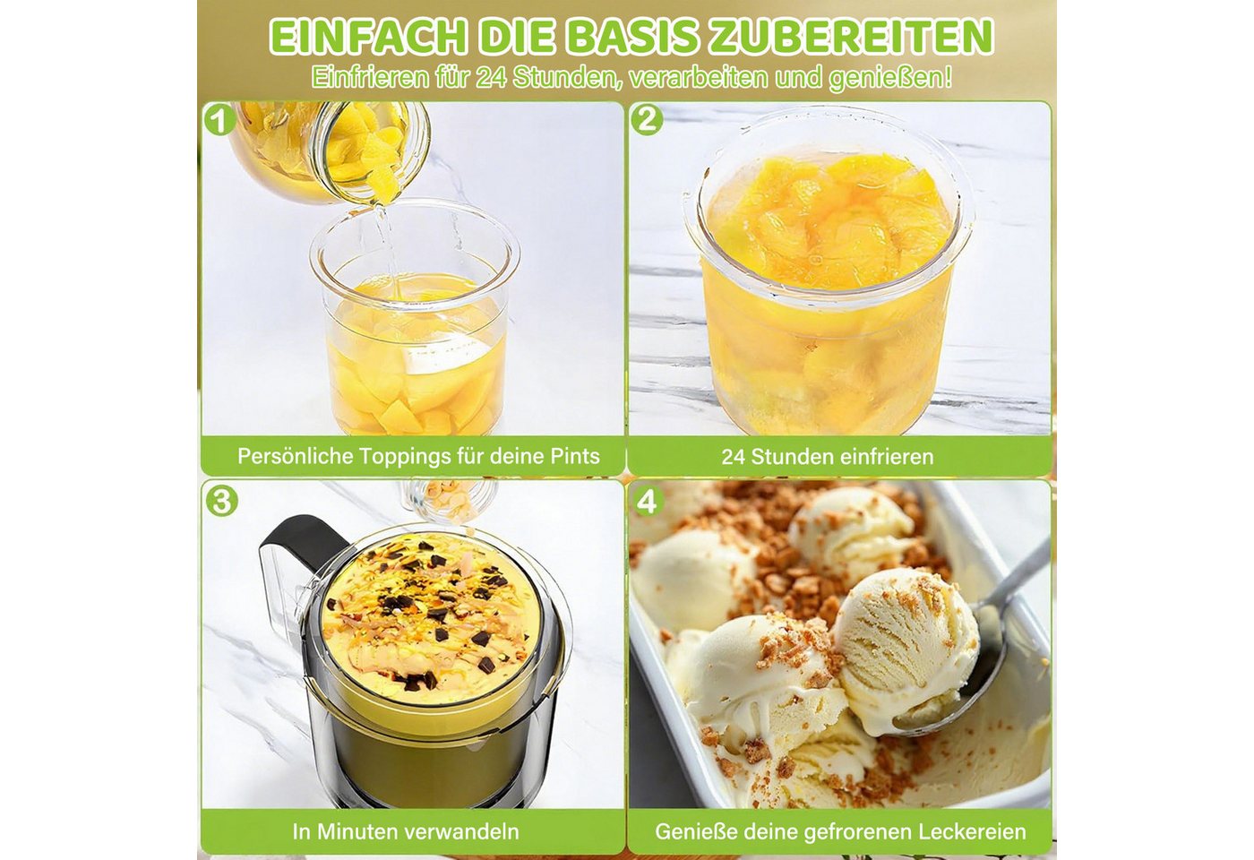 MOPUEA Eisbereiteraufsatz Eisbehälter, 4 Stück auslaufsichere Eisbecher und Deckel, Auslaufsiche Eiscremebehälter Eisbereiteraufsatz 4 x Behälter Bild 5