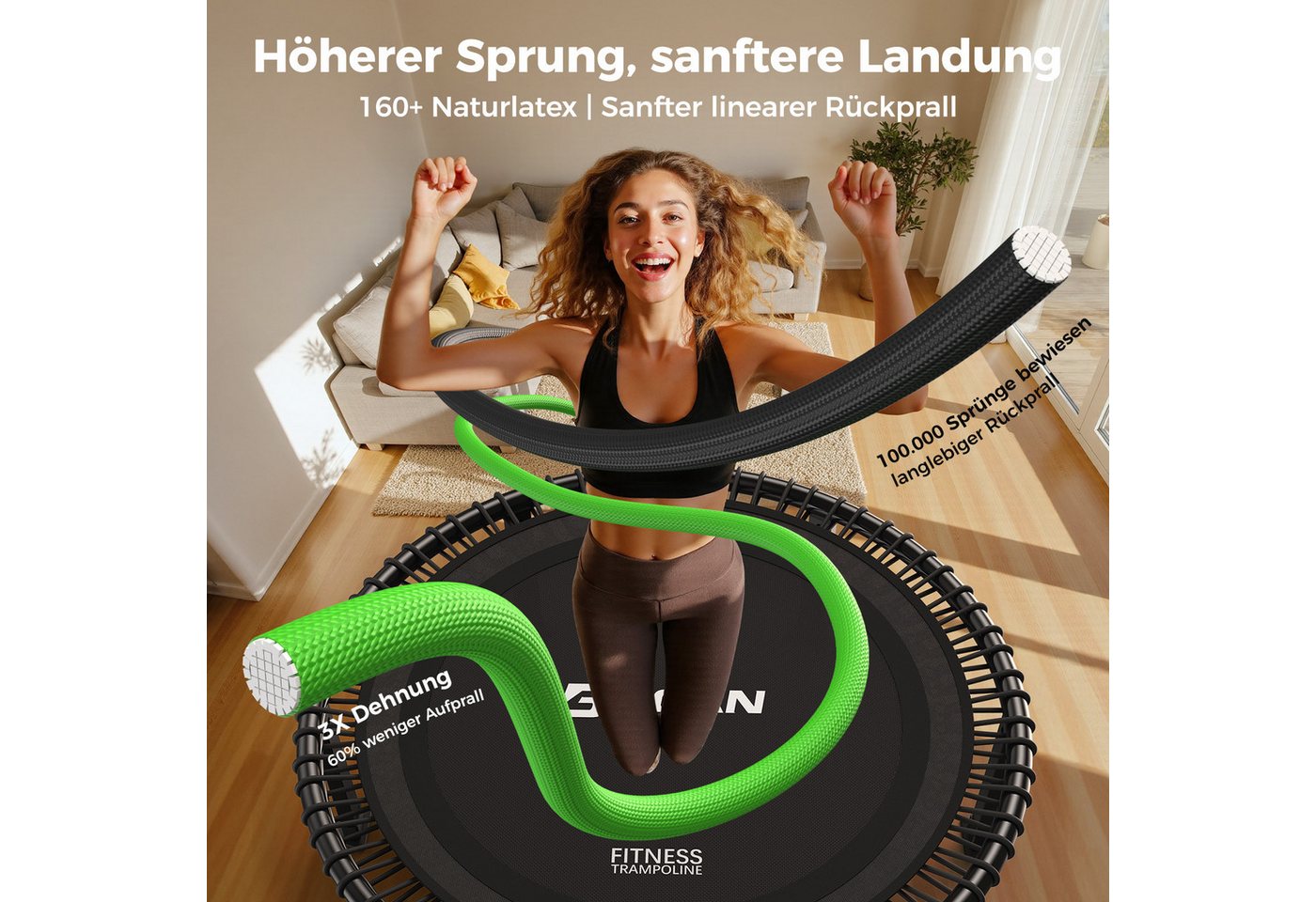 BCAN Fitnesstrampolin Erwachsenen-Trampolin, 227 kg, leise, verstellbare Seile, inkl. Griff & Socken, schwarz