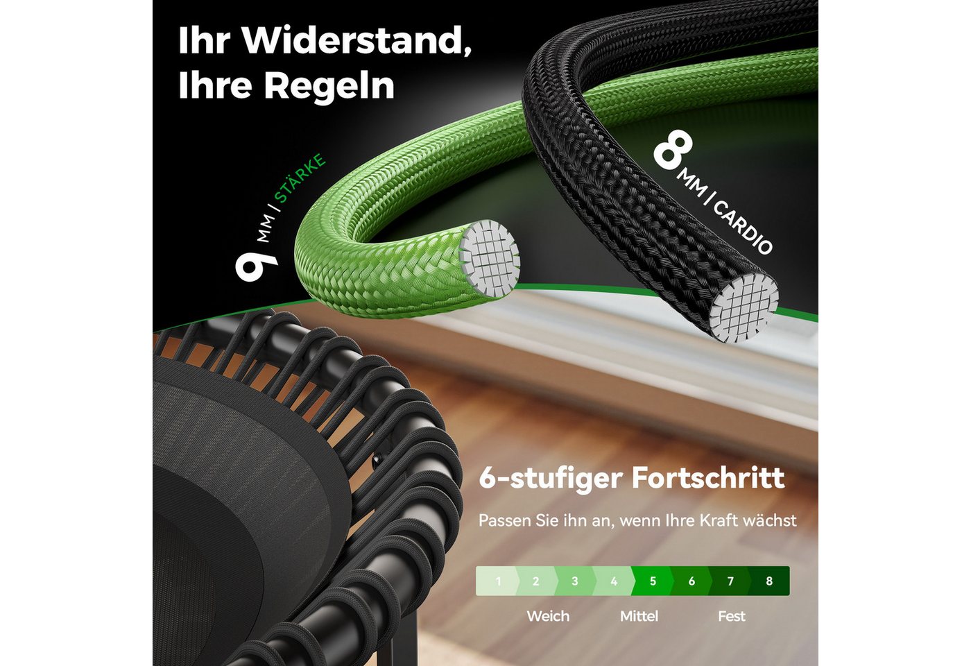 BCAN Fitnesstrampolin Erwachsenen-Trampolin, 227 kg, leise, verstellbare Seile, inkl. Griff & Socken, schwarz Bild 2