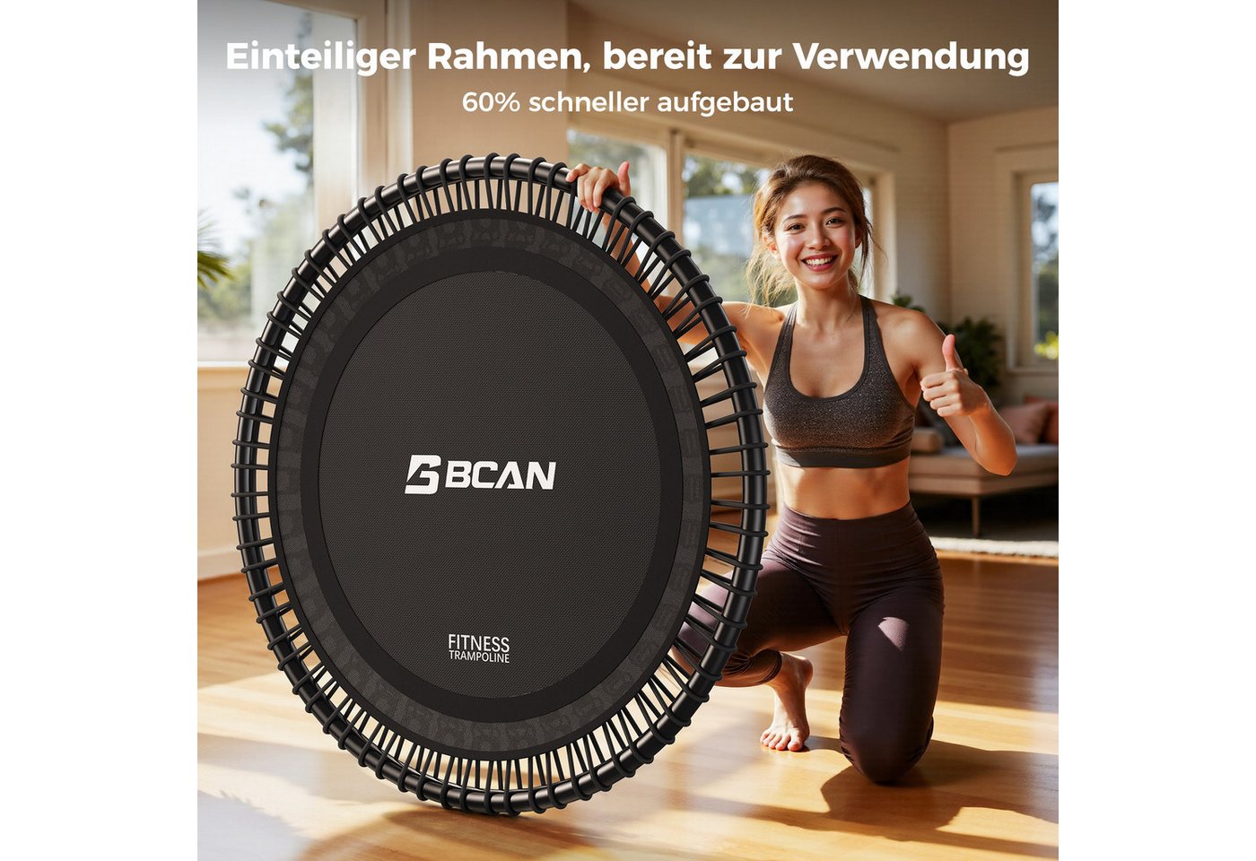 BCAN Fitnesstrampolin Erwachsenen-Trampolin, 227 kg, leise, verstellbare Seile, inkl. Griff & Socken, schwarz Bild 3