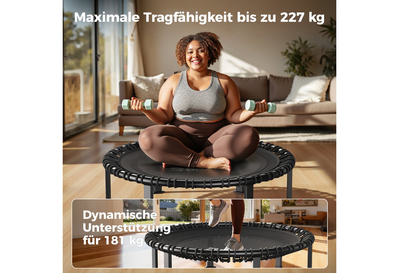 BCAN Fitnesstrampolin Erwachsenen-Trampolin, 227 kg, leise, verstellbare Seile, inkl. Griff & Socken, schwarz Bild 4