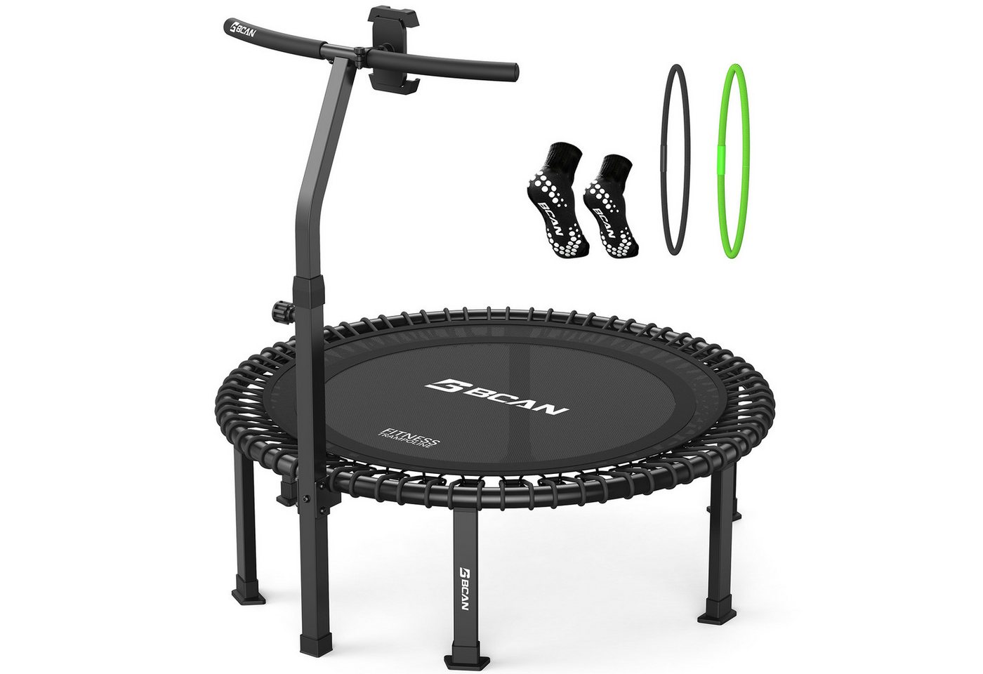 BCAN Fitnesstrampolin Erwachsenen-Trampolin, 227 kg, leise, verstellbare Seile, inkl. Griff & Socken, schwarz Bild 5