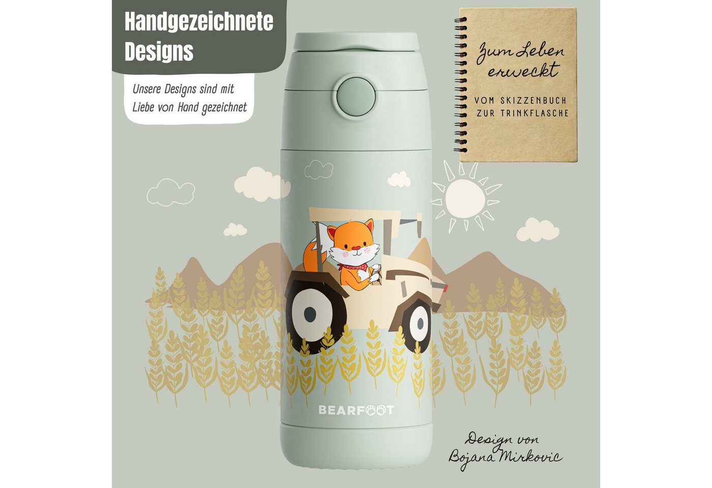 BEARFOOT Trinkflasche Thermo Kinder Trinkflasche Edelstahl - Traktor grün, Thermosflasche, auslaufsicher, Edelstahl, Kinderflasche, BPA-frei