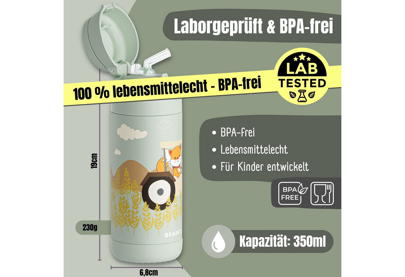 BEARFOOT Trinkflasche Thermo Kinder Trinkflasche Edelstahl - Traktor grün, Thermosflasche, auslaufsicher, Edelstahl, Kinderflasche, BPA-frei Bild 3