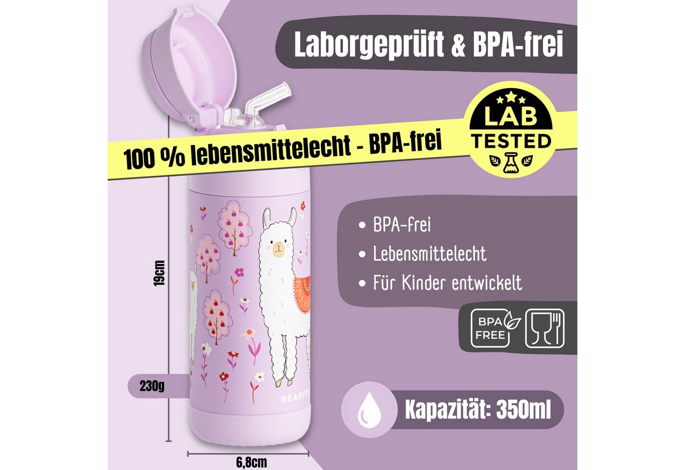 BEARFOOT Trinkflasche Thermo Kinder Trinkflasche Edelstahl - Lama lila, Thermosflasche, auslaufsicher, Edelstahl, Kinderflasche, BPA-frei