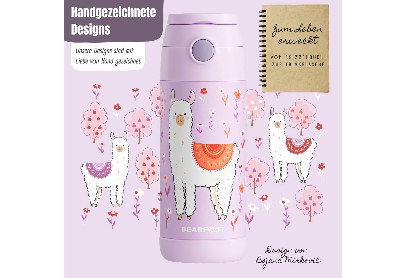 BEARFOOT Trinkflasche Thermo Kinder Trinkflasche Edelstahl - Lama lila, Thermosflasche, auslaufsicher, Edelstahl, Kinderflasche, BPA-frei Bild 4