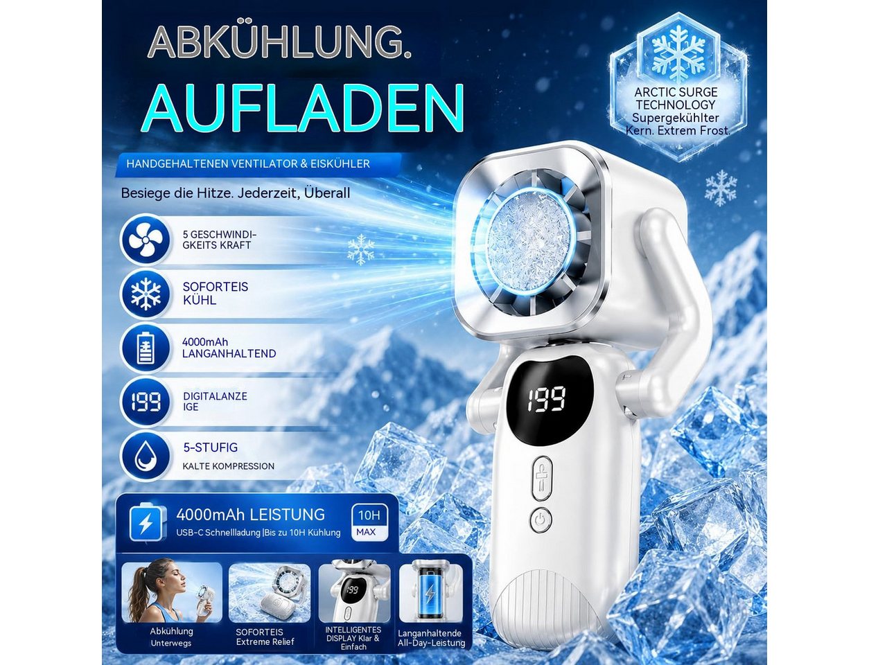 nsihing Handventilator Tragbarer Hand-Turbolüfter mit Kühlfunktion, USB-C Klappventilator 4000mAh 5 Stufen LED Bild 2