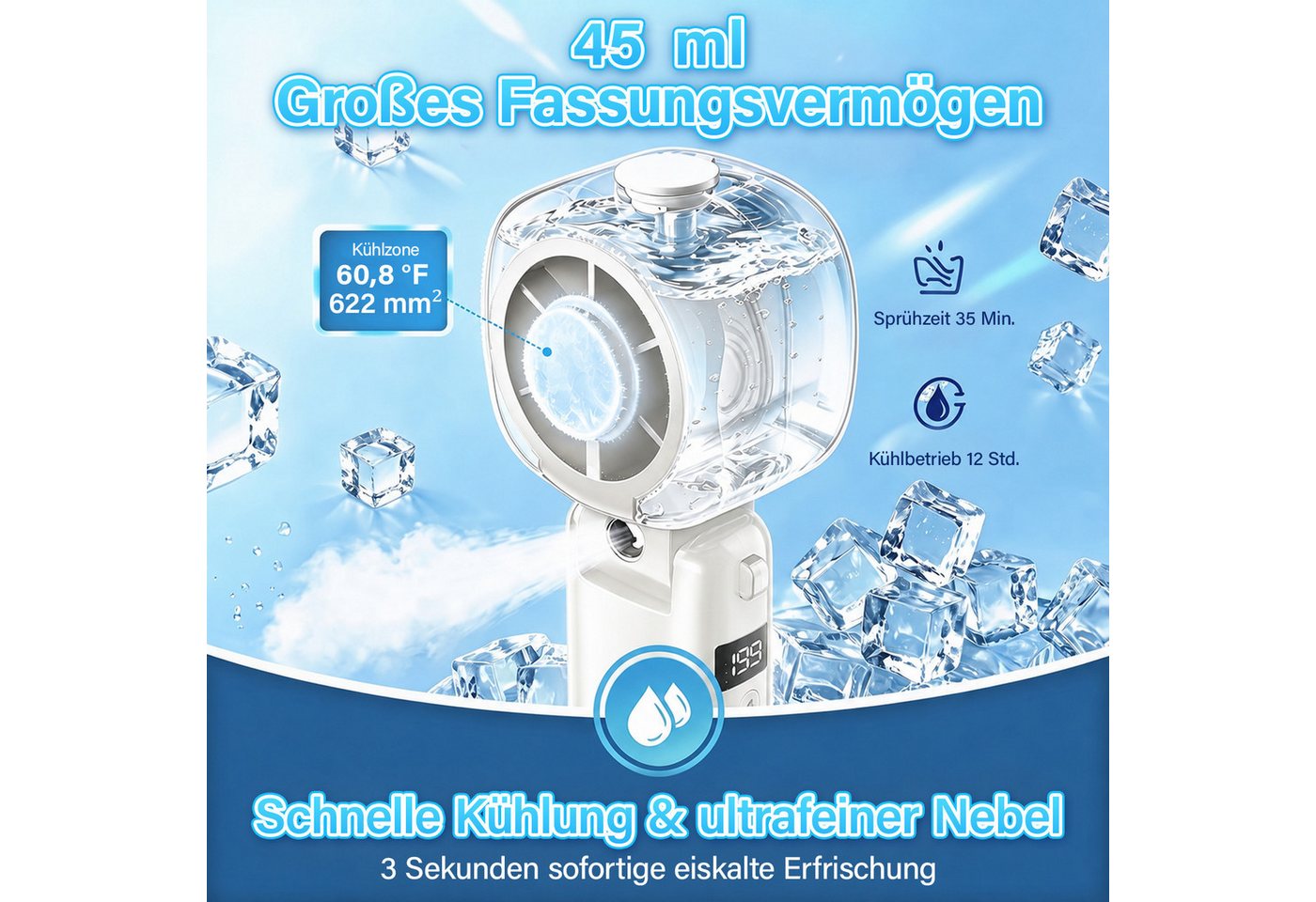 MOPUEA Mini USB-Ventilator Handventilator mit KI-Kühlung&45ml Sprühfunktion12h Taschenlüfter Bild 3