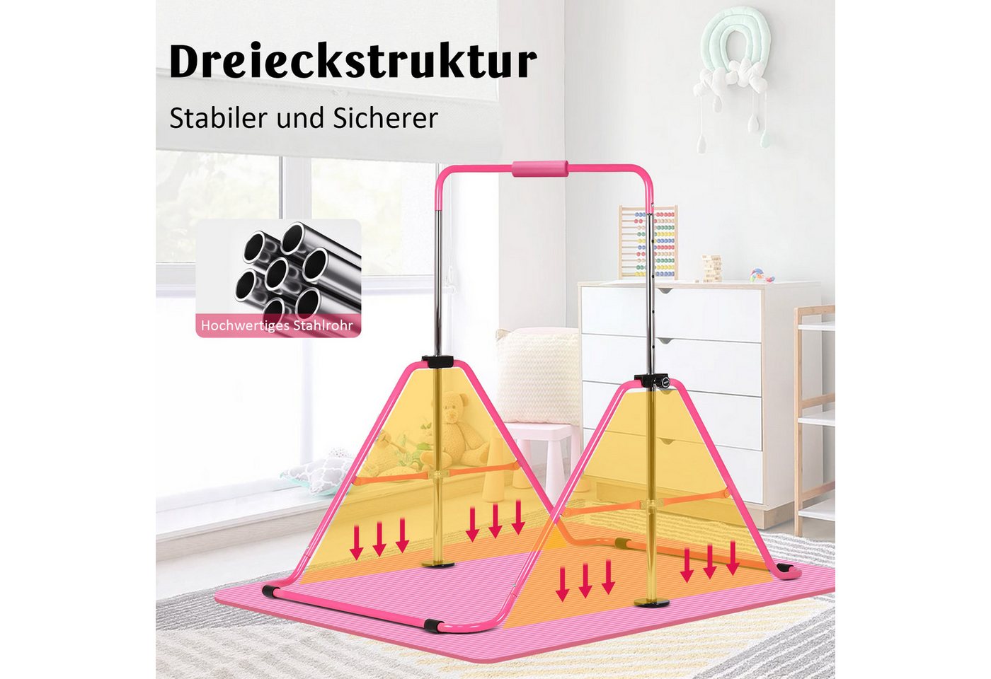 Hausright Turnreck Gymnastikstange für Kinder, Turnstange ab 3 Jahre, 88-128cm, (Gymnastikstange mit Gymnastikmatte, Reckstange, Matte, Polster, Schaukel & 2 Ringen), Verstellbaren Höhen Faltbare Reckstange Reckanlage