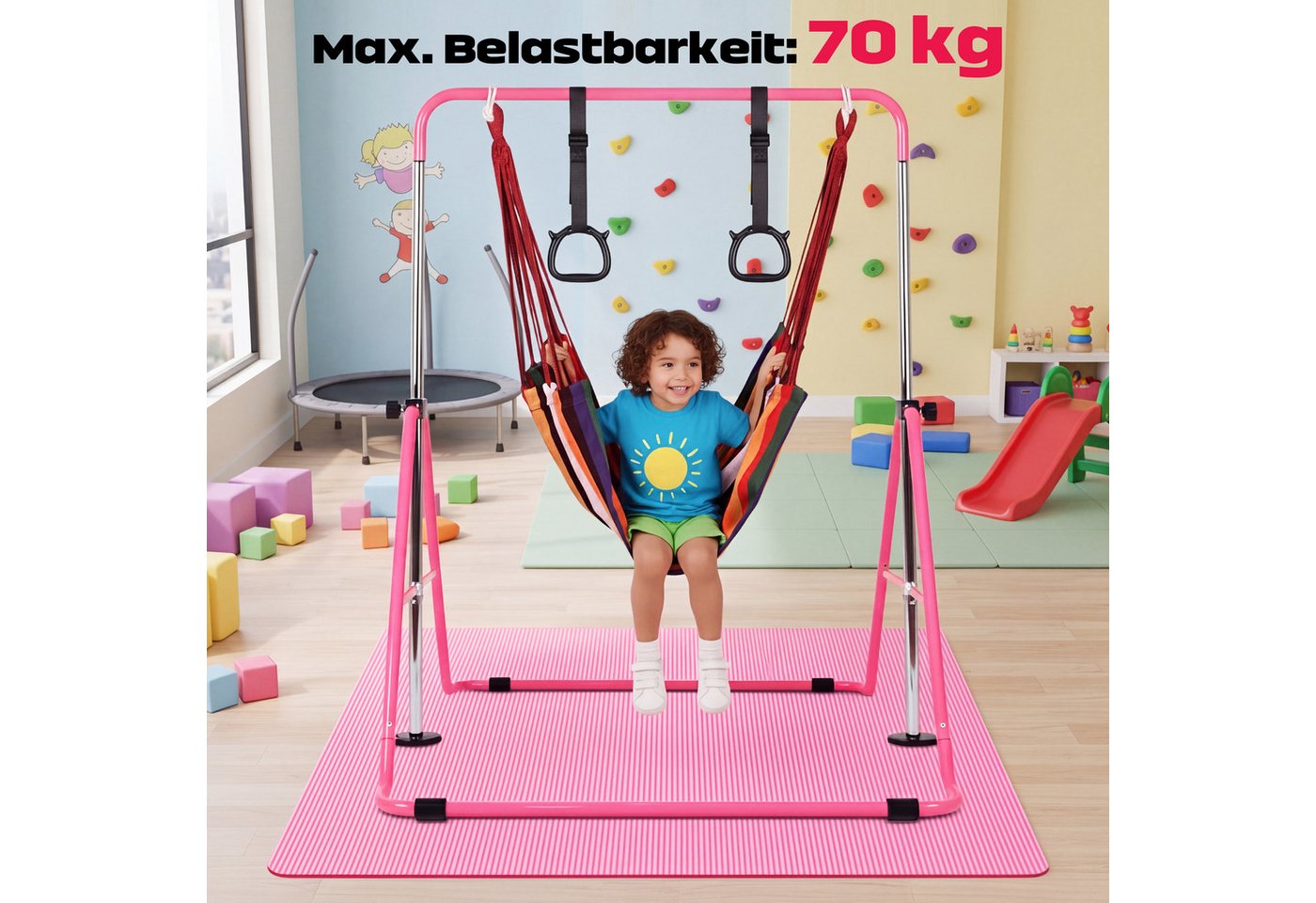Hausright Turnreck Gymnastikstange für Kinder, Turnstange ab 3 Jahre, 88-128cm, (Gymnastikstange mit Gymnastikmatte, Reckstange, Matte, Polster, Schaukel & 2 Ringen), Verstellbaren Höhen Faltbare Reckstange Reckanlage Bild 2