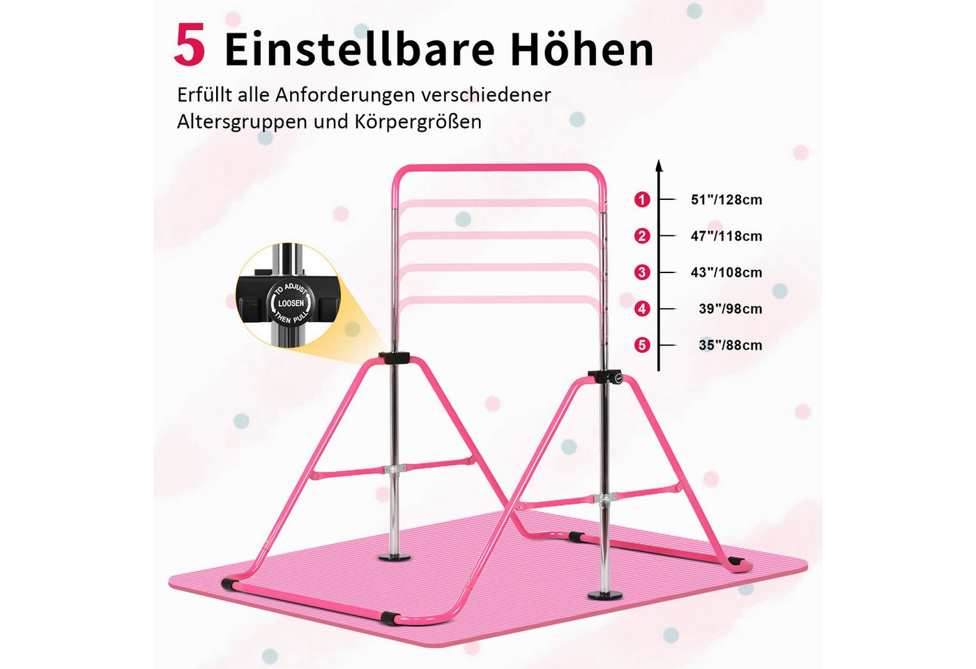Hausright Turnreck Gymnastikstange für Kinder, Turnstange ab 3 Jahre, 88-128cm, (Gymnastikstange mit Gymnastikmatte, Reckstange, Matte, Polster, Schaukel & 2 Ringen), Verstellbaren Höhen Faltbare Reckstange Reckanlage Bild 4
