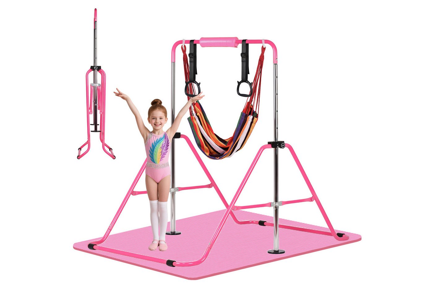 Hausright Turnreck Gymnastikstange für Kinder, Turnstange ab 3 Jahre, 88-128cm, (Gymnastikstange mit Gymnastikmatte, Reckstange, Matte, Polster, Schaukel & 2 Ringen), Verstellbaren Höhen Faltbare Reckstange Reckanlage Bild 5