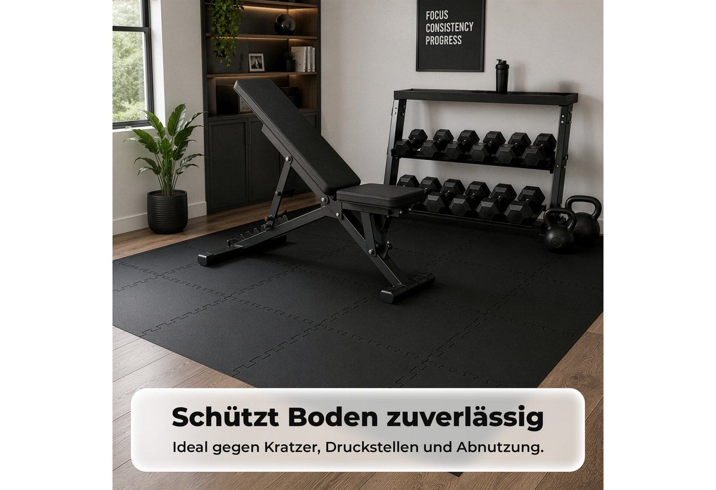 Floordirekt Sportmatte Gummi Steckmatte mit V-Interlocking-System für Fitnessgeräte, Erweiterbares Stecksystem, Geräuschreduzierend Bild 3