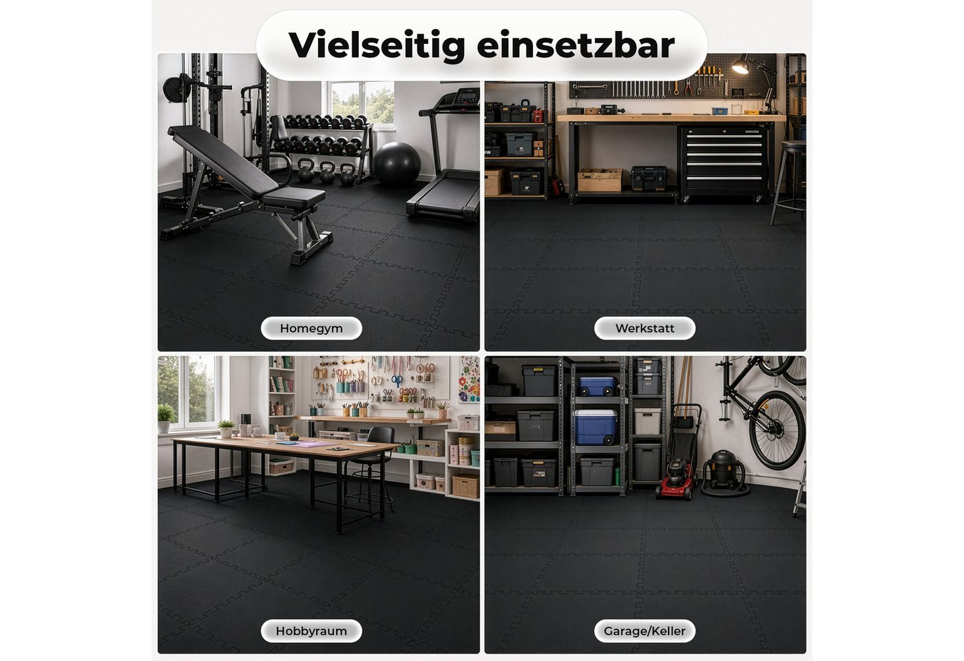 Floordirekt Sportmatte Gummi Steckmatte mit V-Interlocking-System für Fitnessgeräte, Erweiterbares Stecksystem, Geräuschreduzierend Bild 4