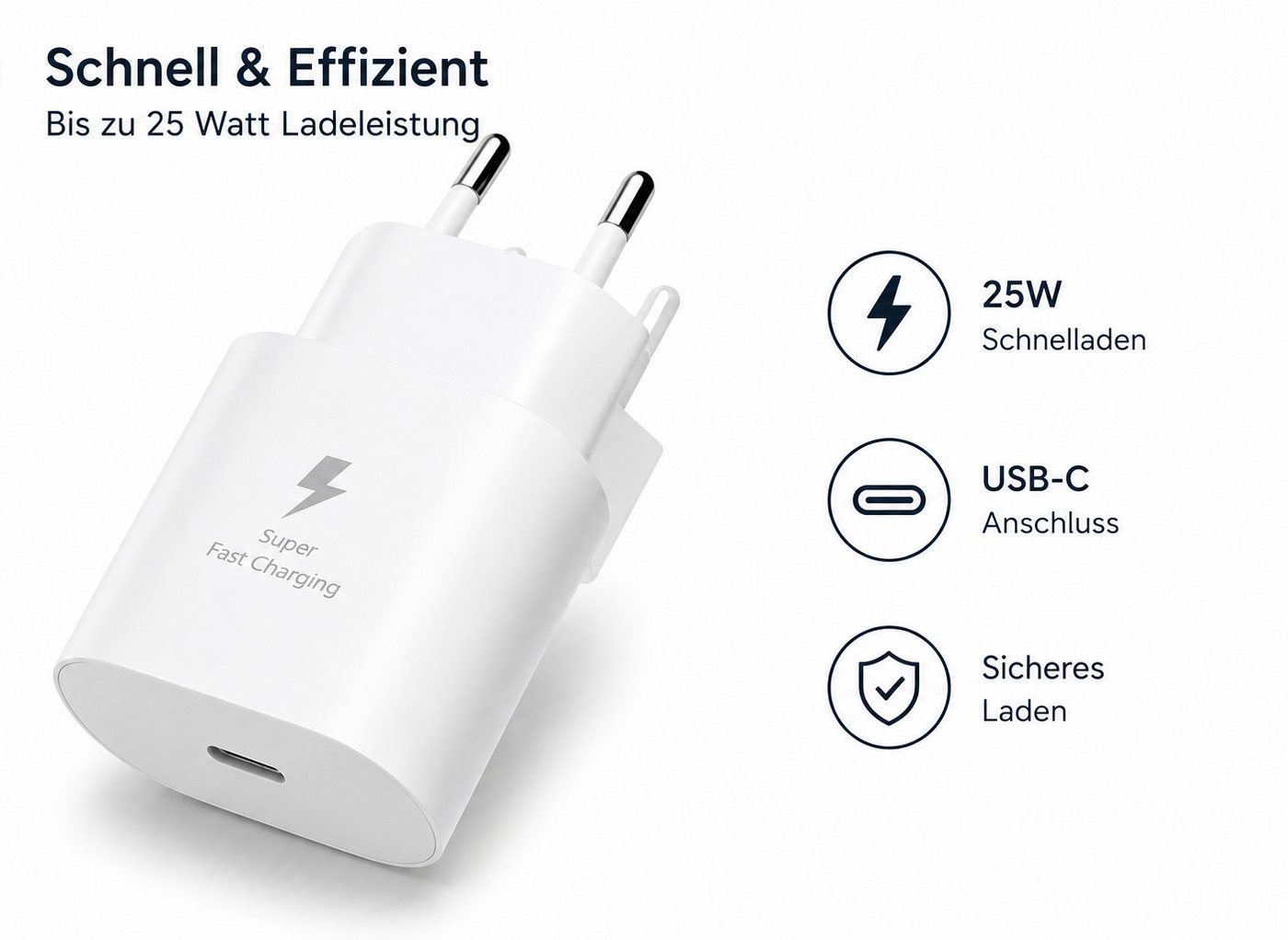 Ventarent 25W USB-C für Galaxy S26, S25 und S24 USB-Ladegerät (3000 mA, Ladeset, 2-tlg., mit 1 m USB-C auf USB-C Ladekabel, kompatibel mit Galaxy S23 bis S8) Bild 3