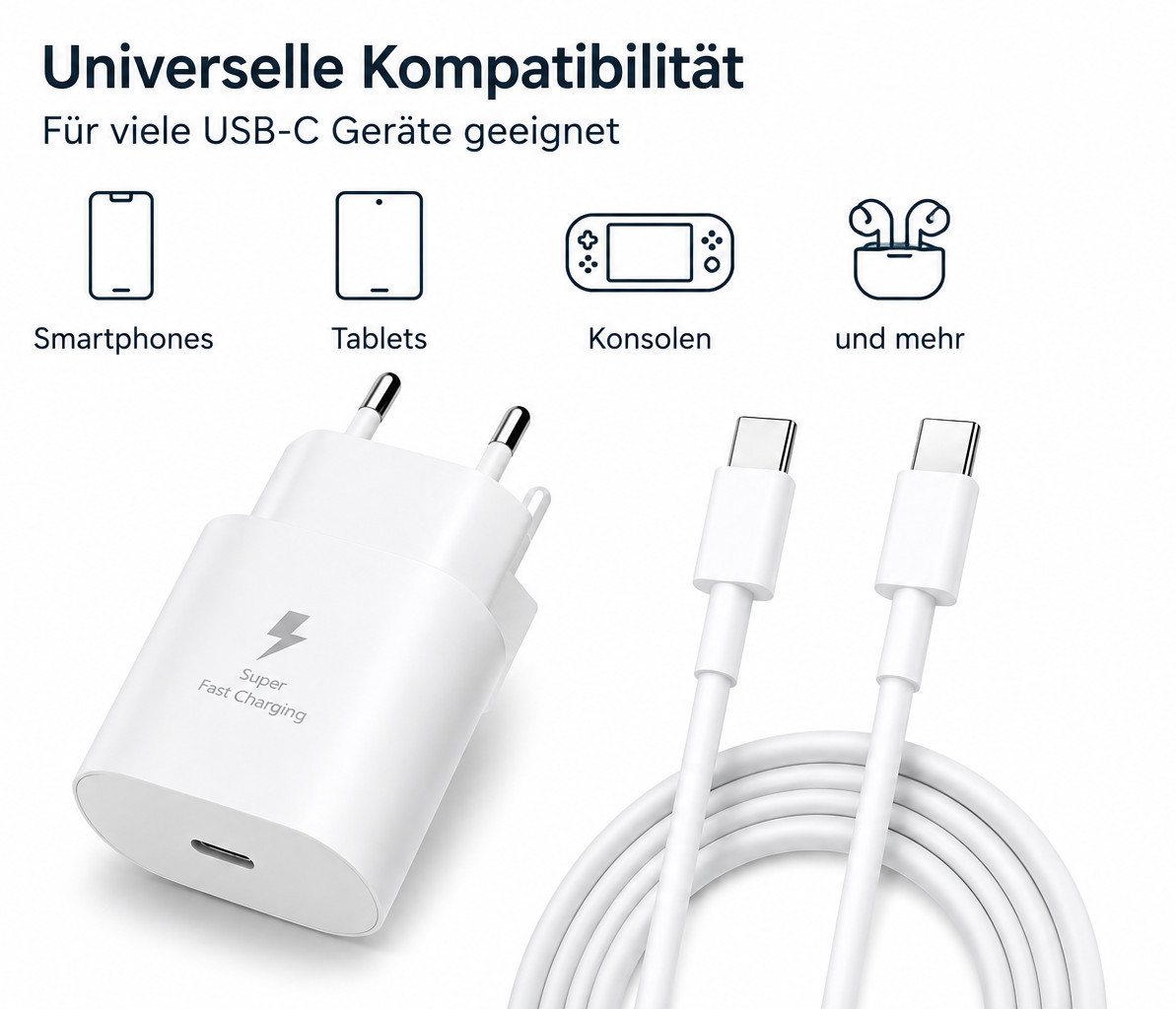 Ventarent 25W USB-C für Galaxy S26, S25 und S24 USB-Ladegerät (3000 mA, Ladeset, 2-tlg., mit 1 m USB-C auf USB-C Ladekabel, kompatibel mit Galaxy S23 bis S8) Bild 5