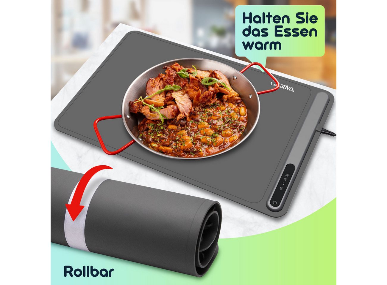 Casativo Warmhalteplatte aus Silikon Elektrischer Speisenwärmer 250W 55-100°C Rollbar 61x40cm, Rollbar, 3 Stufen (55–100 °C), IP20, Touch-Display, 1er/2er/4er Set Bild 3