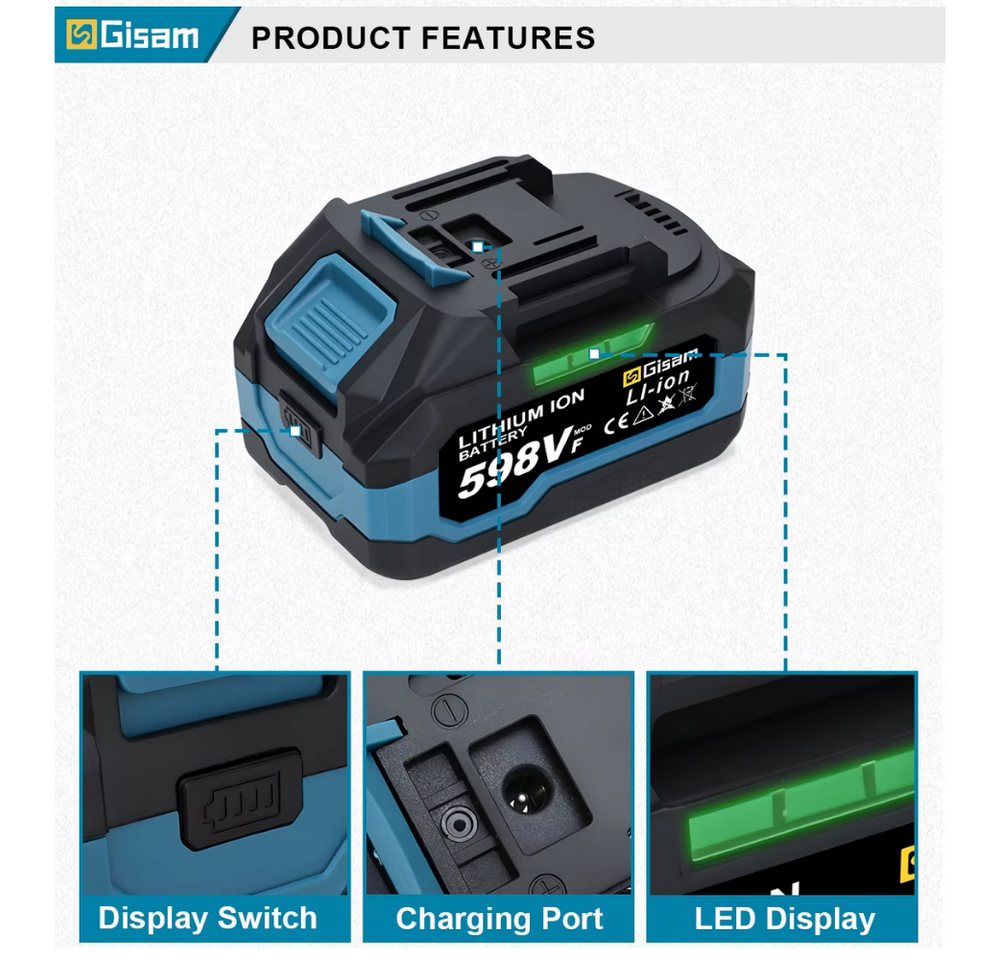 Gisam Lithium-Ionen-Batterie Akku für Werkzeuge 2er-Set Akkupacks 4000 mAh (18 V), Hohe Akkukapazität, Stabile Spannungsversorgung Bild 4