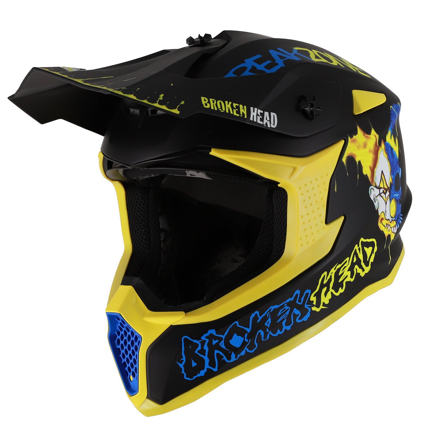 Broken Head Motocrosshelm Broken Head Supermoto und MX-Helm FreakZone Schwarz-Gelb-Blau, Auffälliges Design Bild 5