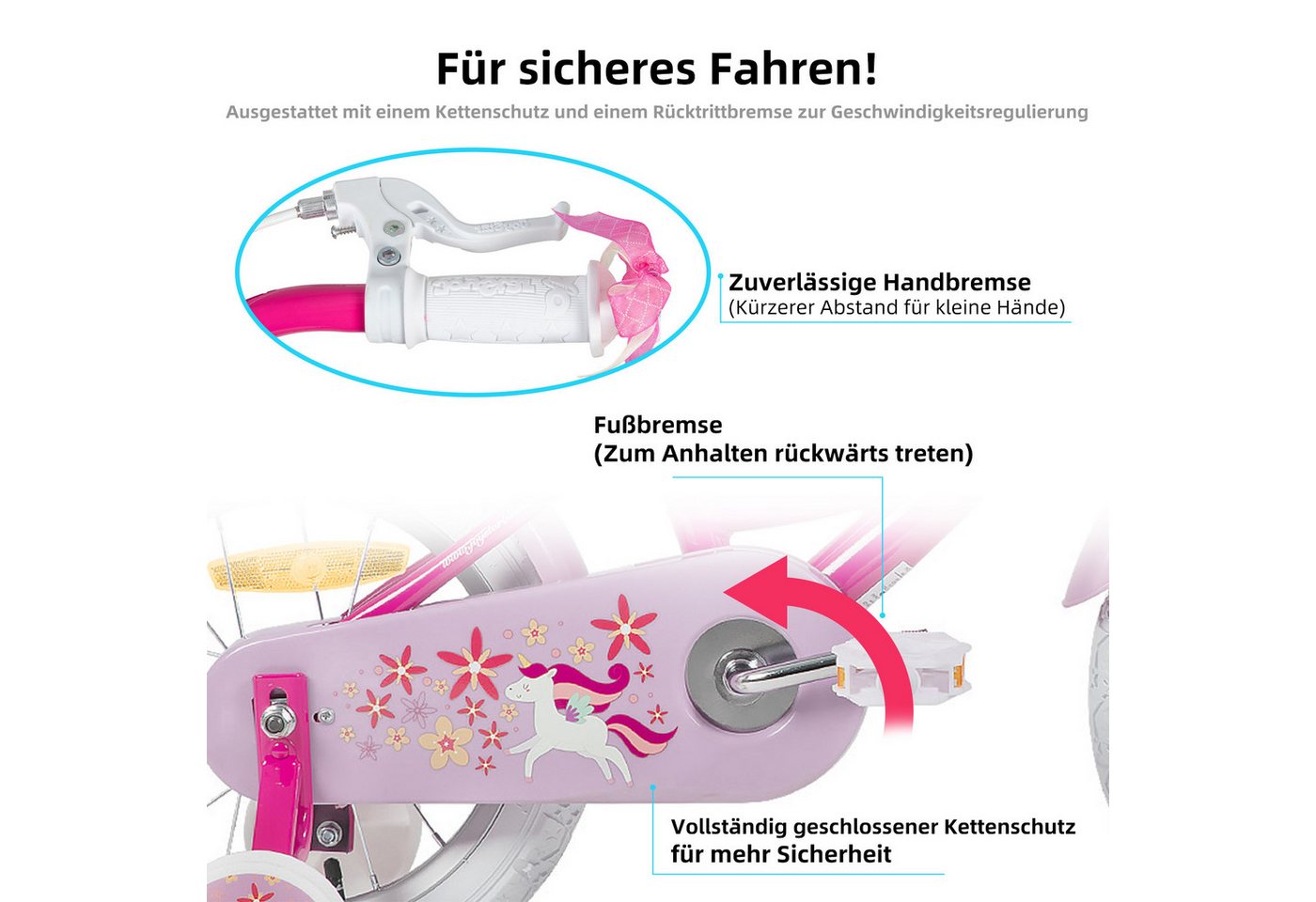 JOYSTAR Kinderfahrrad 12 14 16 18 Zoll Mädchenfahrrad, 2-9 Jahre, Geschenk für Prinzessin, 1 Gang, Puppenradsitz & Stützrädern& Korbstreamer, 18 Zoll mit Stützrädern
