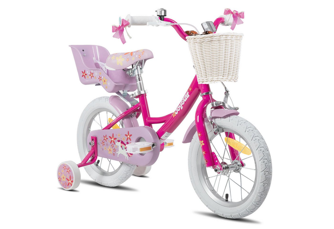 JOYSTAR Kinderfahrrad 12 14 16 18 Zoll Mädchenfahrrad, 2-9 Jahre, Geschenk für Prinzessin, 1 Gang, Puppenradsitz & Stützrädern& Korbstreamer, 18 Zoll mit Stützrädern Bild 2