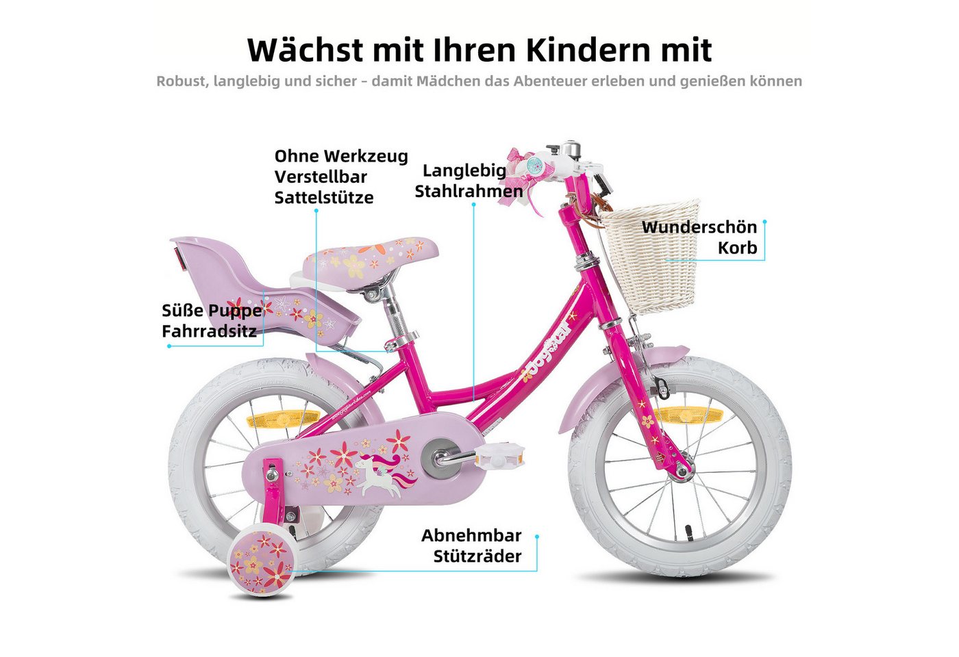 JOYSTAR Kinderfahrrad 12 14 16 18 Zoll Mädchenfahrrad, 2-9 Jahre, Geschenk für Prinzessin, 1 Gang, Puppenradsitz & Stützrädern& Korbstreamer, 18 Zoll mit Stützrädern Bild 4